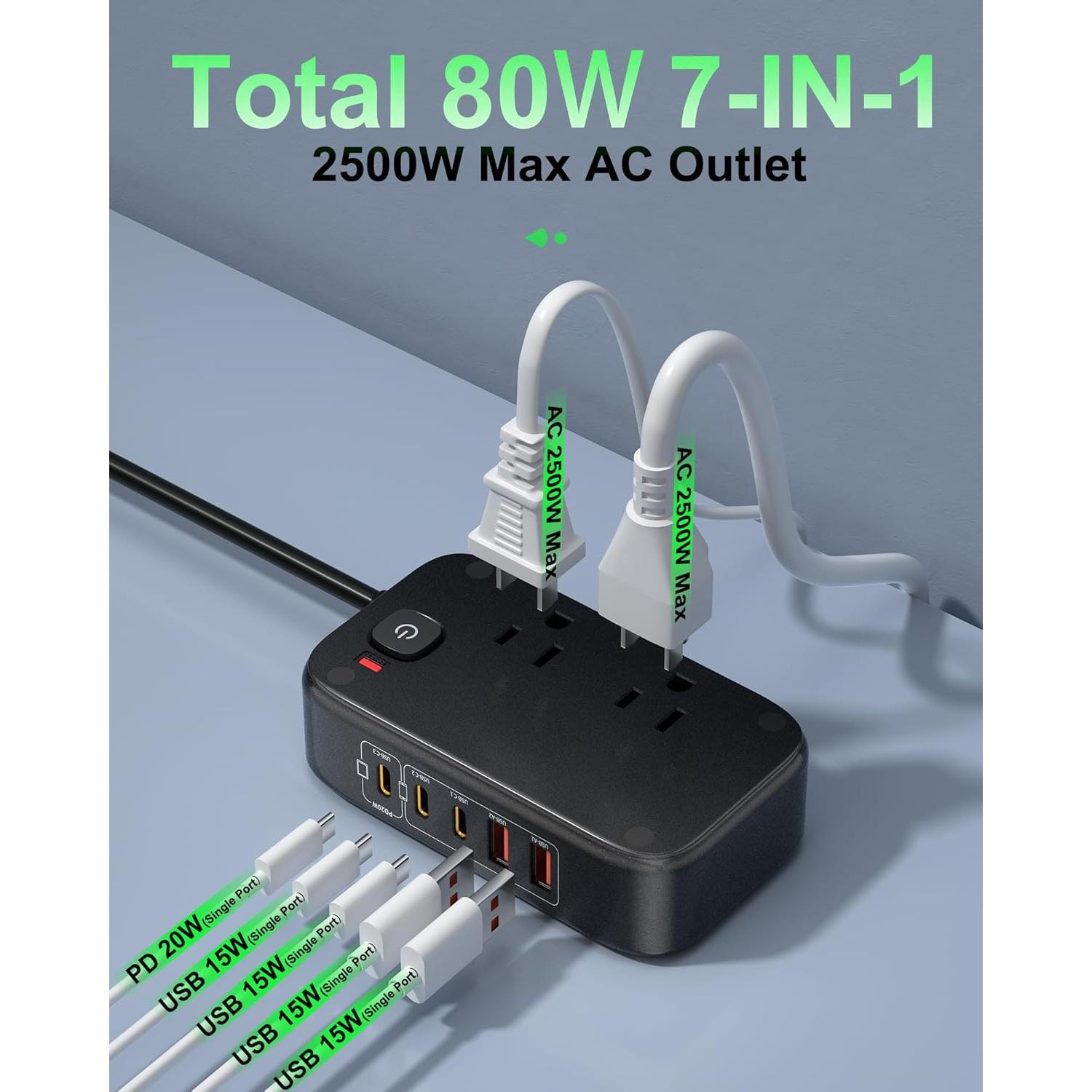 Regleta USB 7-en-1 KWRNVO 80W con 3 USB-C y 2 USB-A