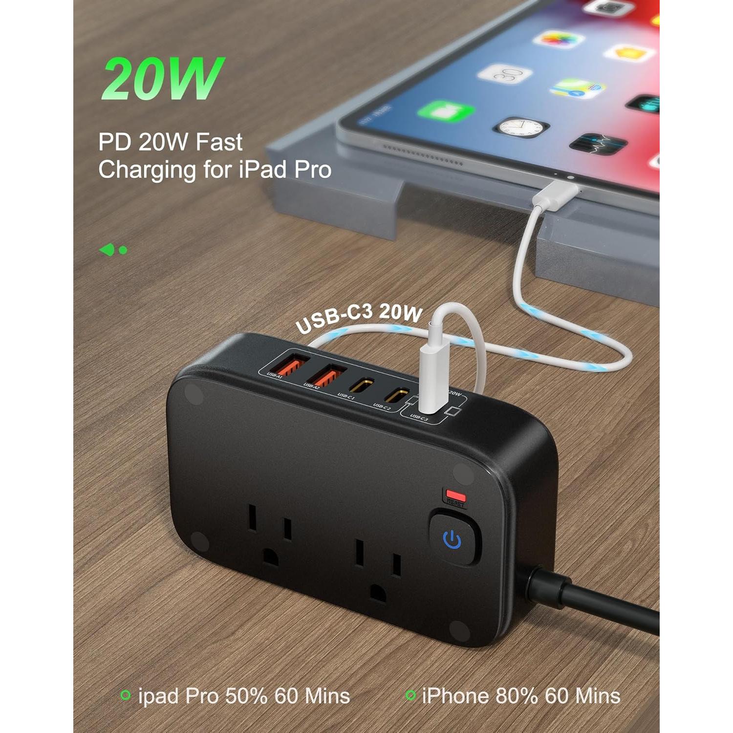 Regleta USB 7-en-1 KWRNVO 80W con 3 USB-C y 2 USB-A