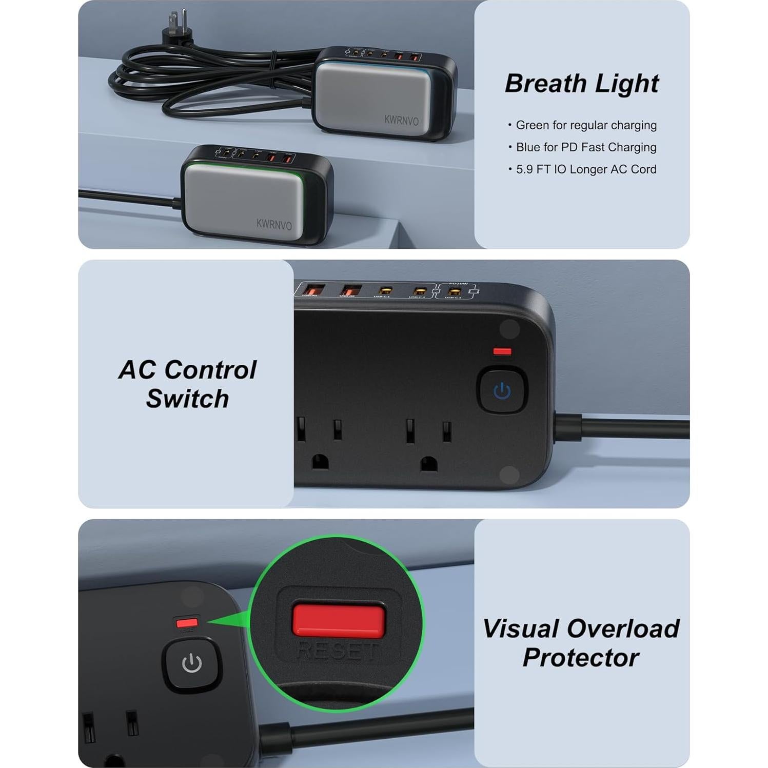 Regleta USB 7-en-1 KWRNVO 80W con 3 USB-C y 2 USB-A