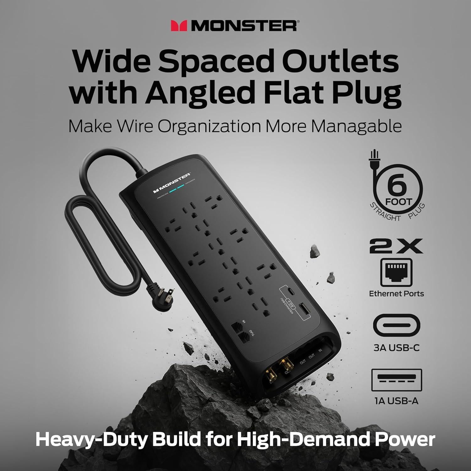 Protector de Sobretensión Monster Power 12 Salidas 6 Pies Negro