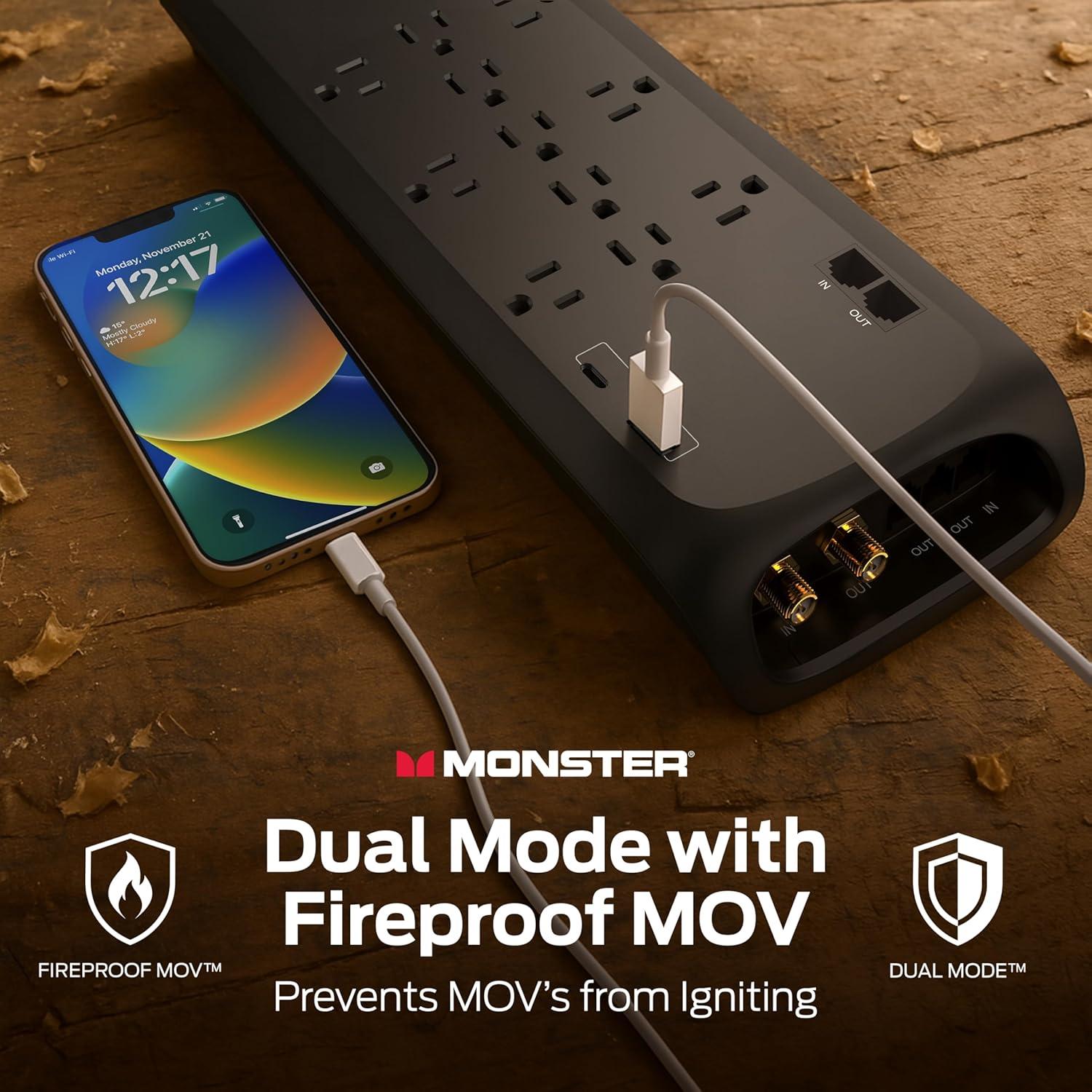 Protector de Sobretensión Monster Power 12 Salidas 6 Pies Negro