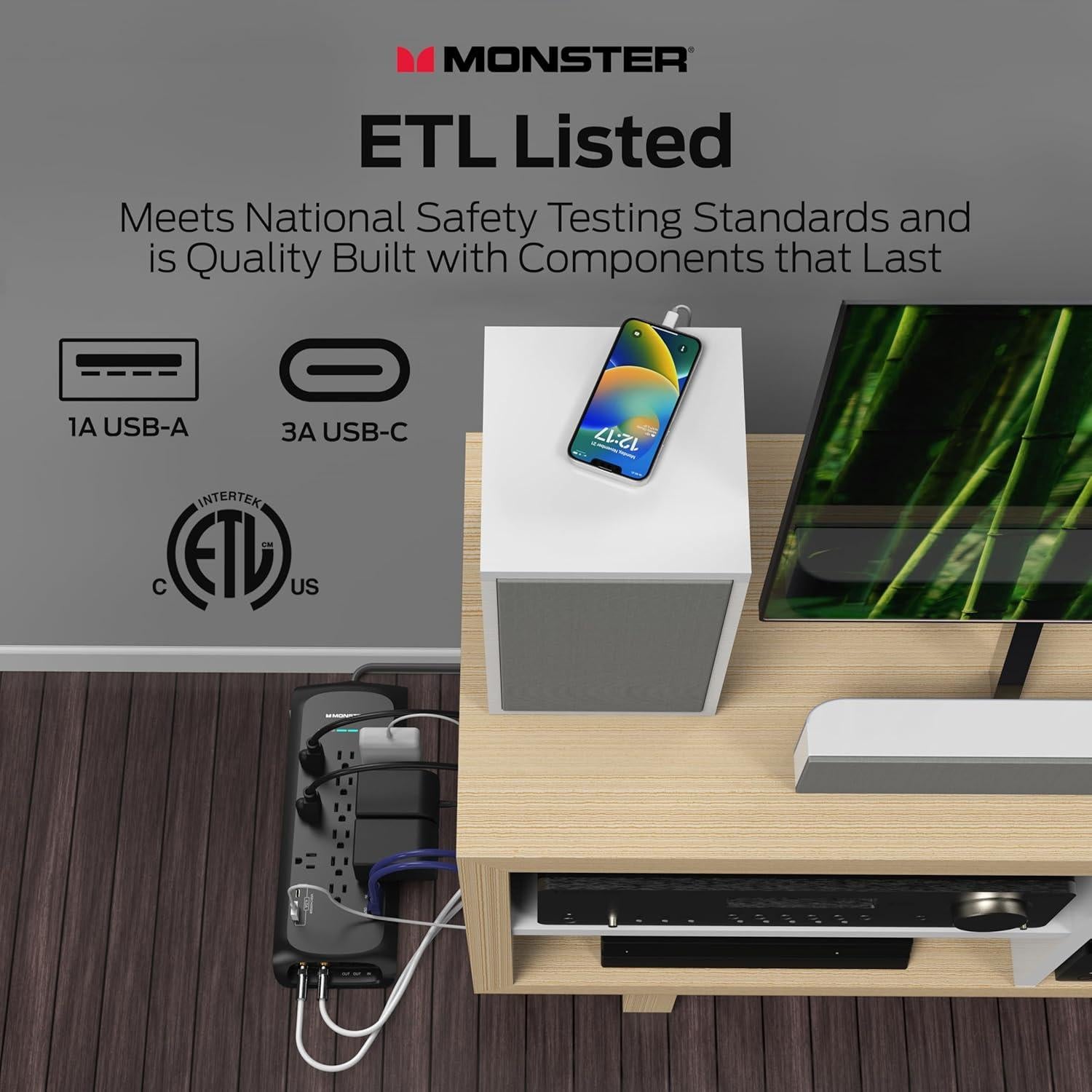 Protector de Sobretensión Monster Power 12 Salidas 6 Pies Negro