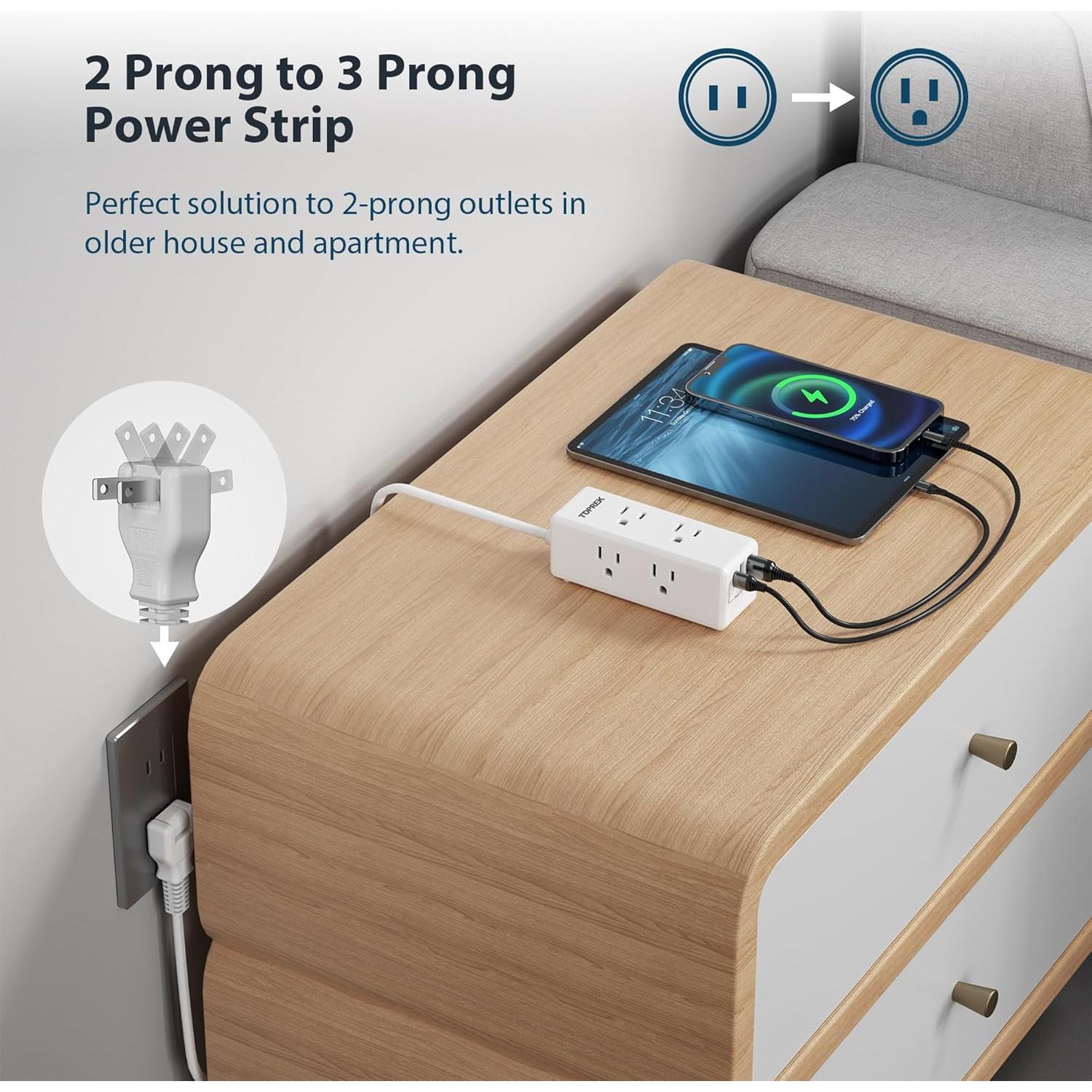 Adaptador de Enchufe TOPREK 2 a 3 Clavijas con 6 Salidas y 3 USB