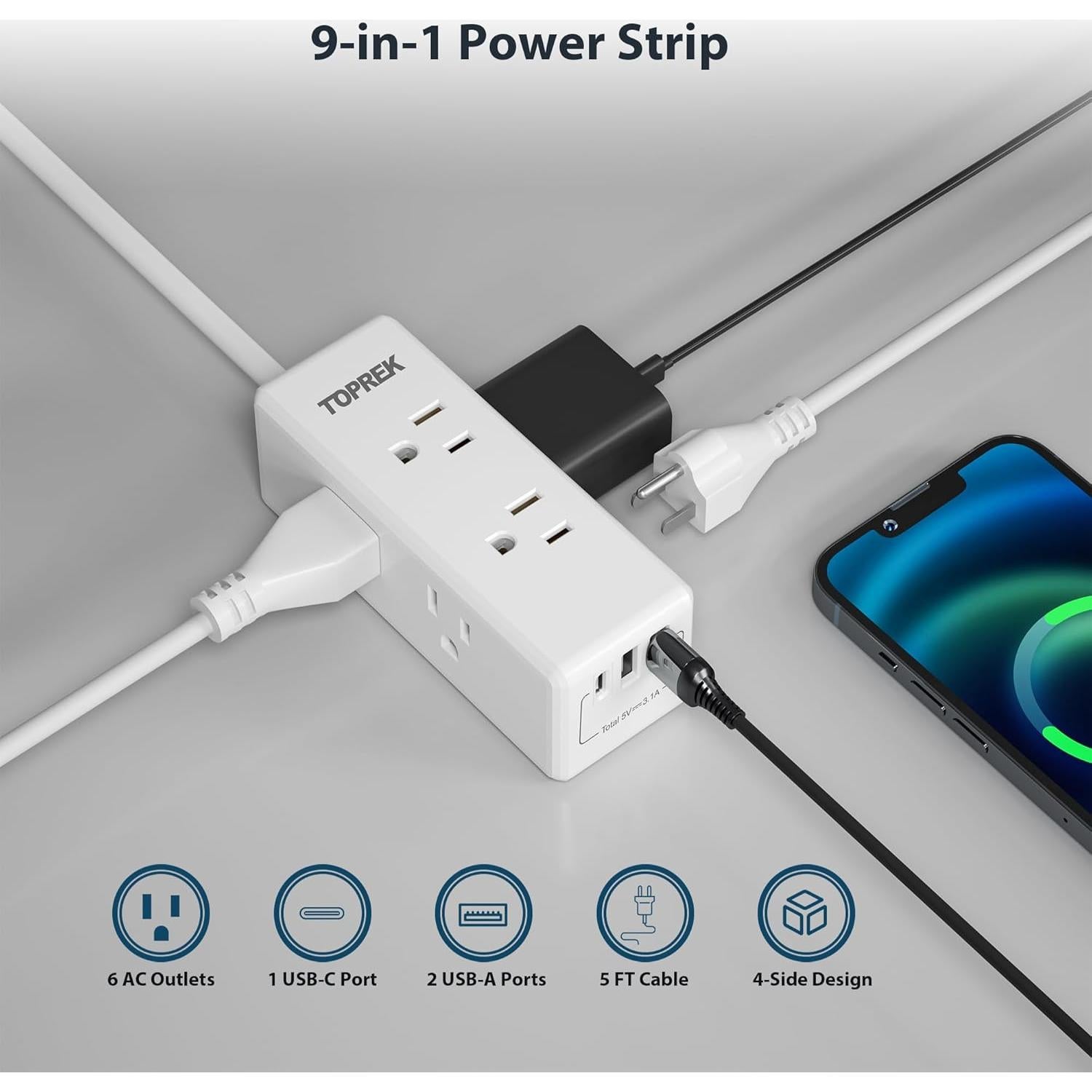 Adaptador de Enchufe TOPREK 2 a 3 Clavijas con 6 Salidas y 3 USB