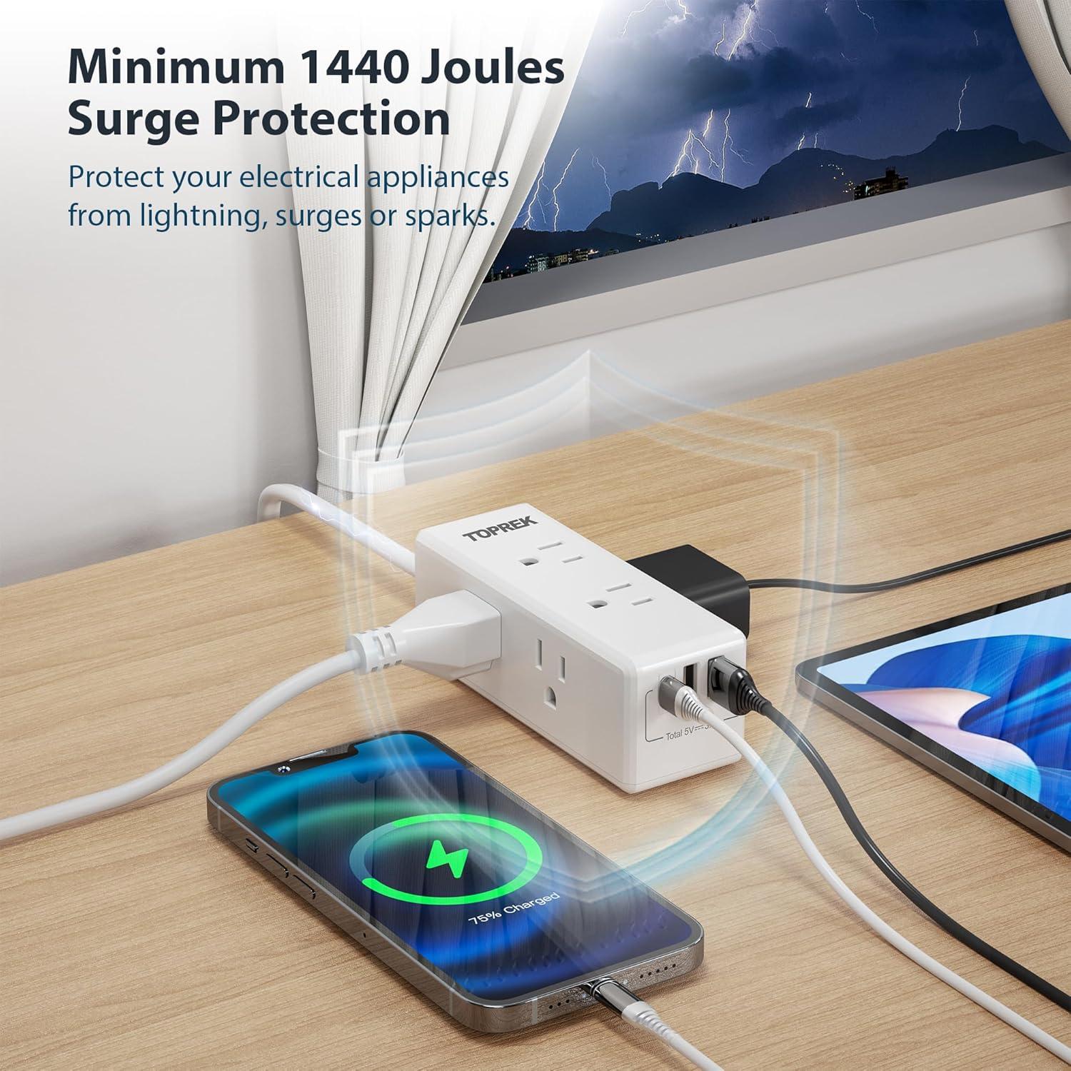 Adaptador de Enchufe TOPREK 2 a 3 Clavijas con 6 Salidas y 3 USB