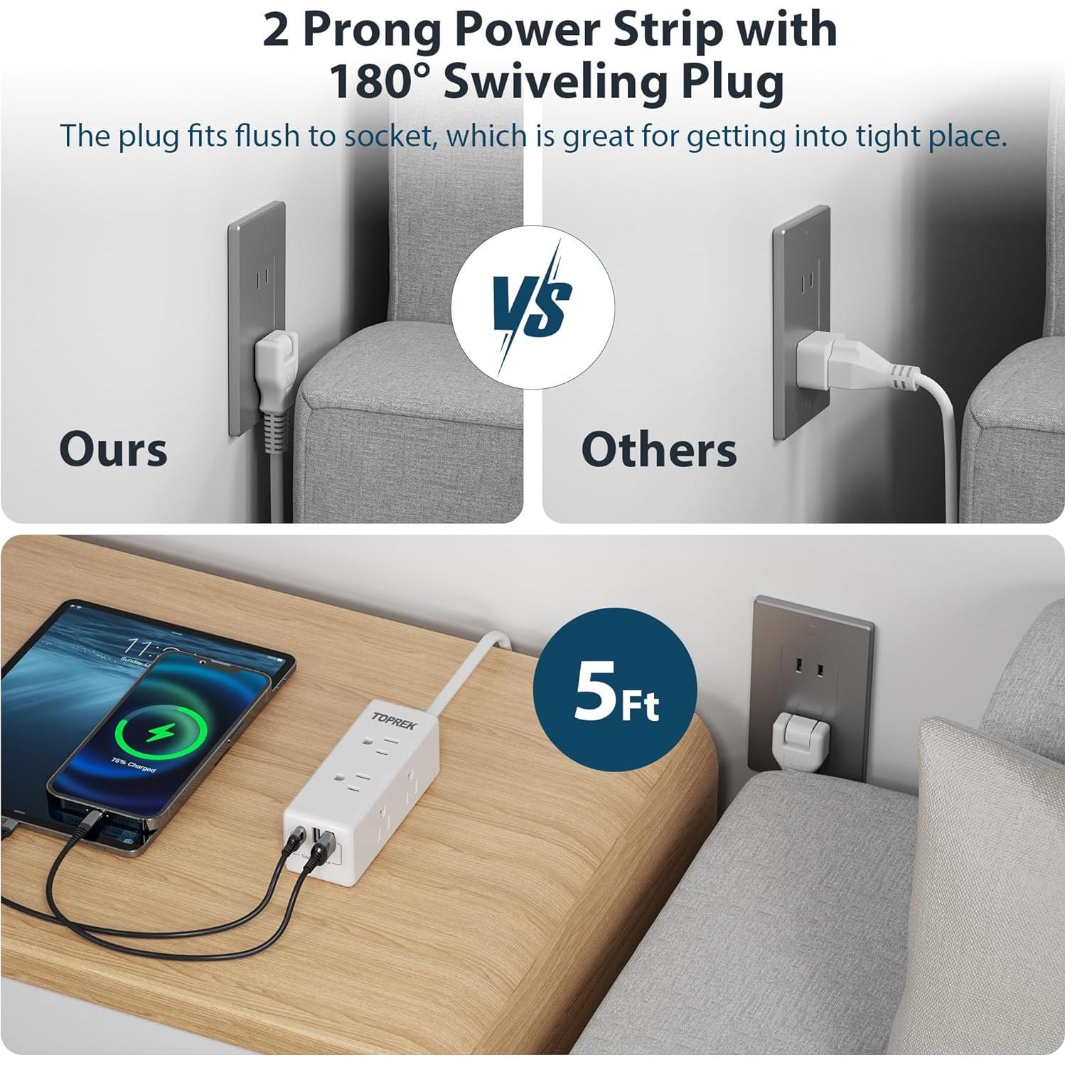 Adaptador de Enchufe TOPREK 2 a 3 Clavijas con 6 Salidas y 3 USB