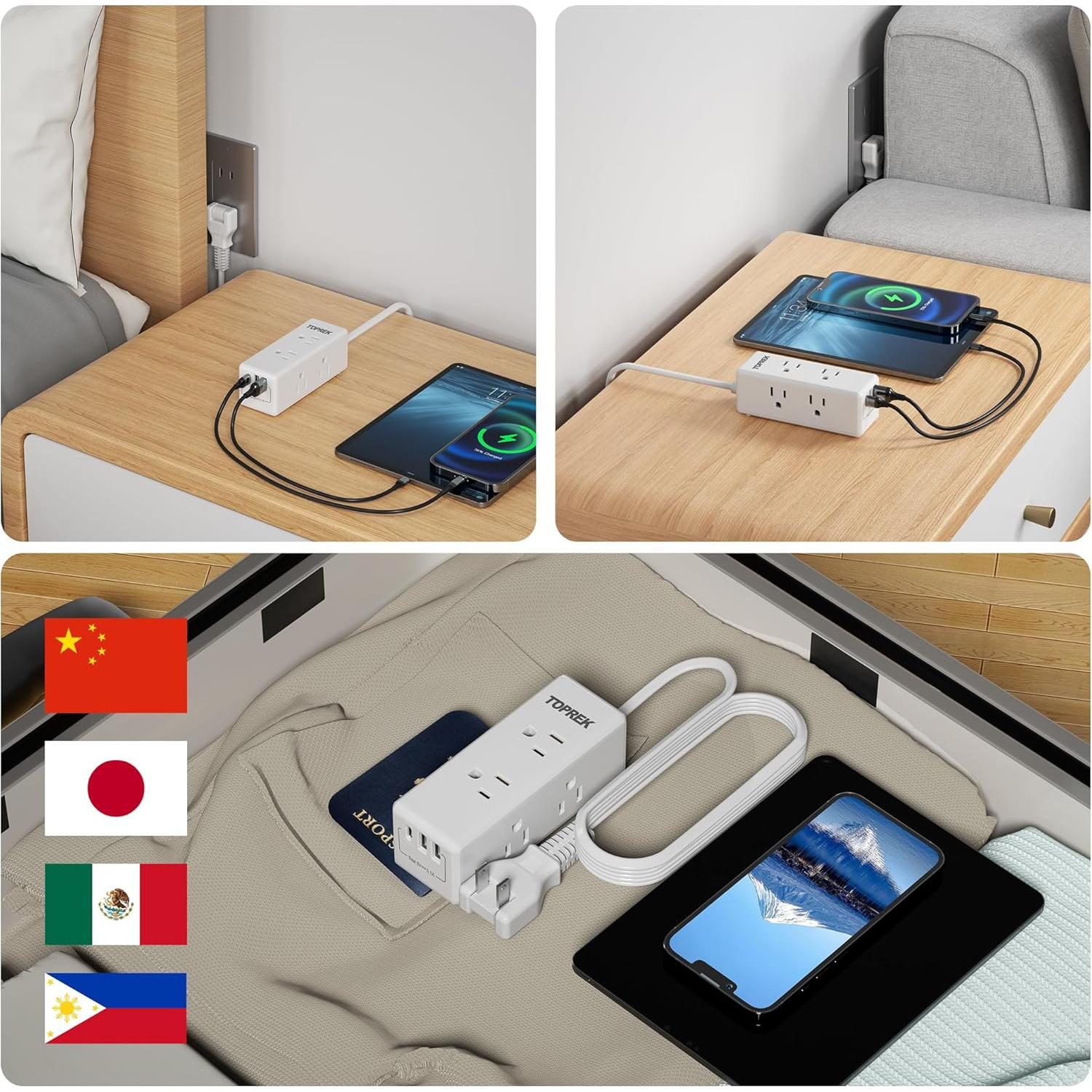 Adaptador de Enchufe TOPREK 2 a 3 Clavijas con 6 Salidas y 3 USB