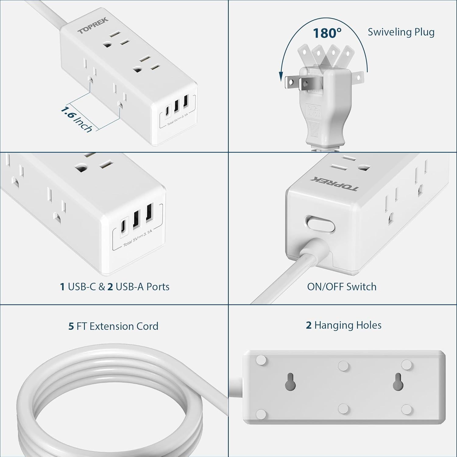 Adaptador de Enchufe TOPREK 2 a 3 Clavijas con 6 Salidas y 3 USB