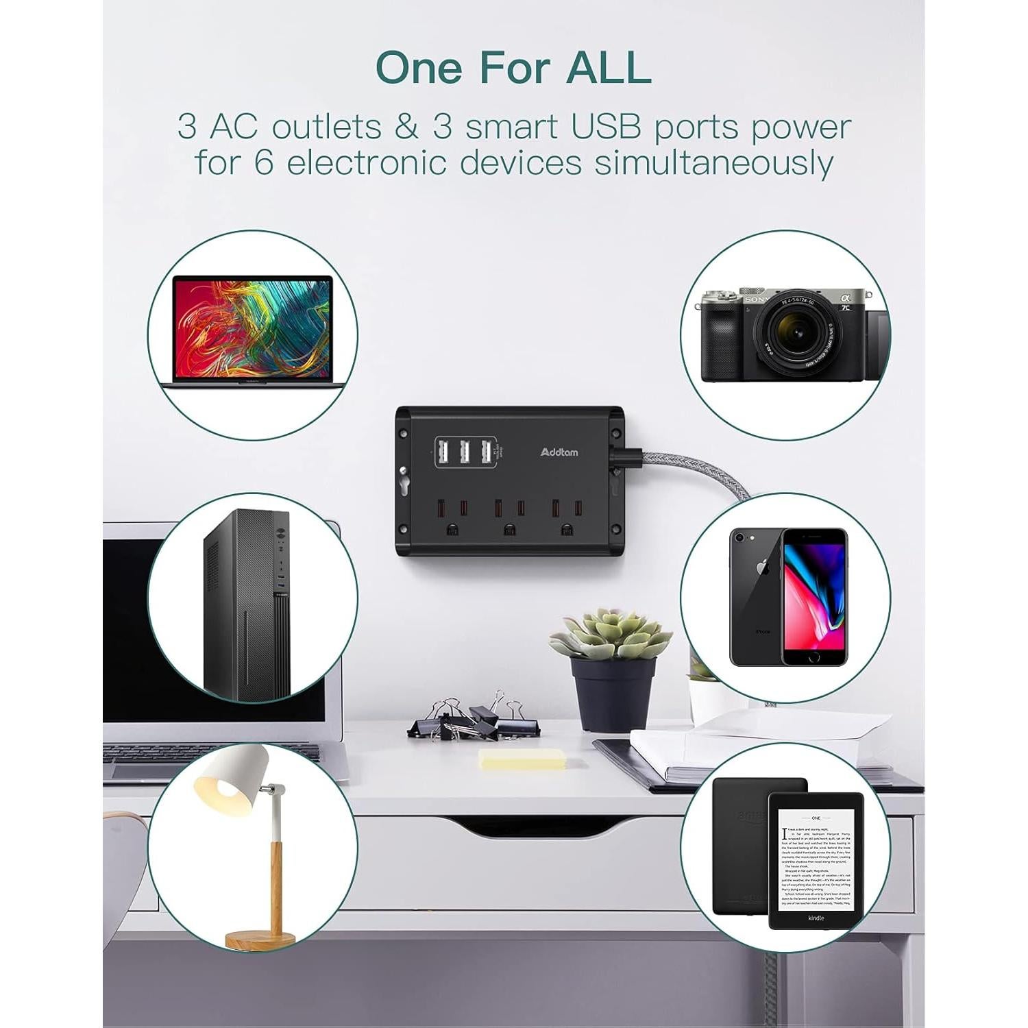 Regleta de Poder Addtam 3 Enchufes y 3 USB 1.52m Negro