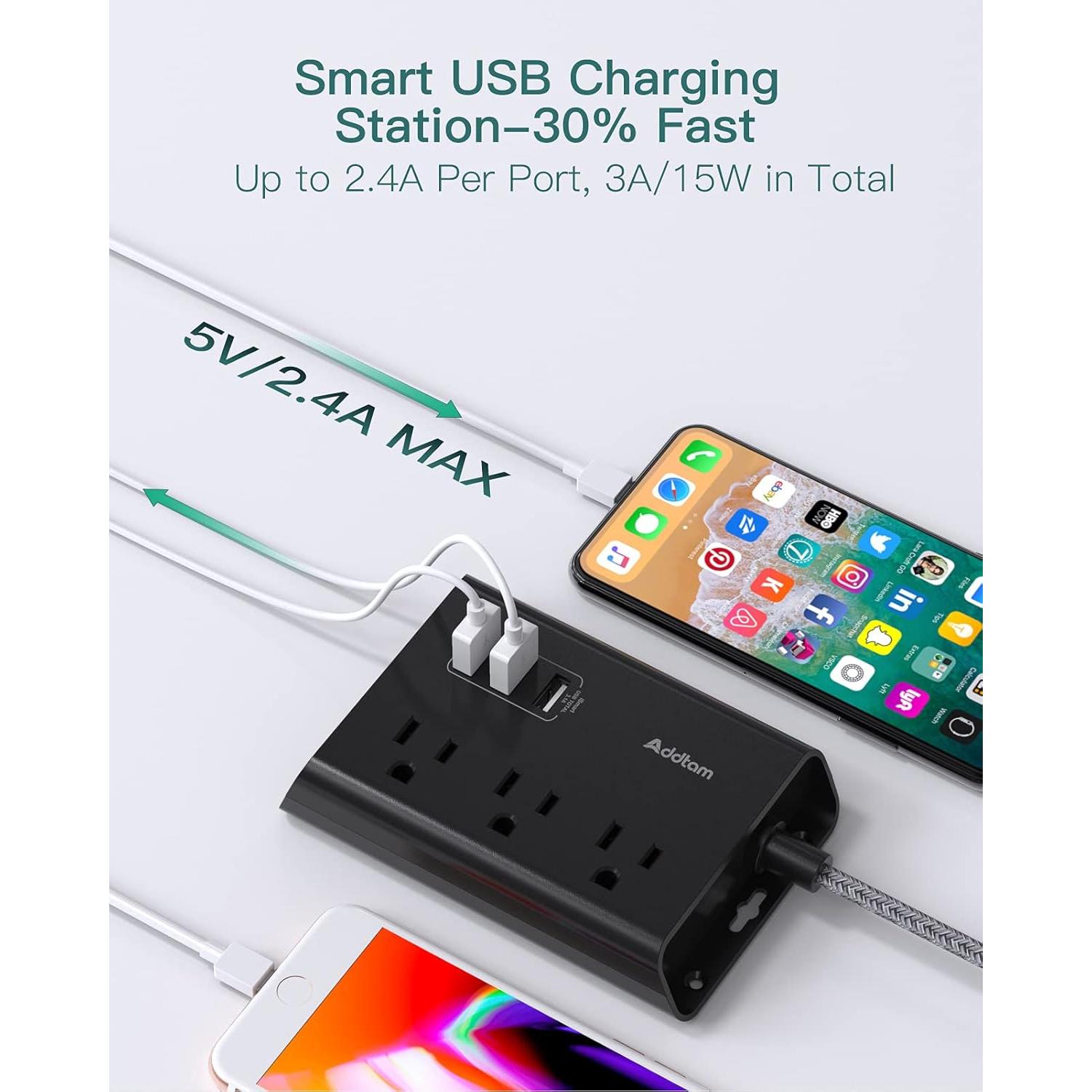 Regleta de Poder Addtam 3 Enchufes y 3 USB 1.52m Negro