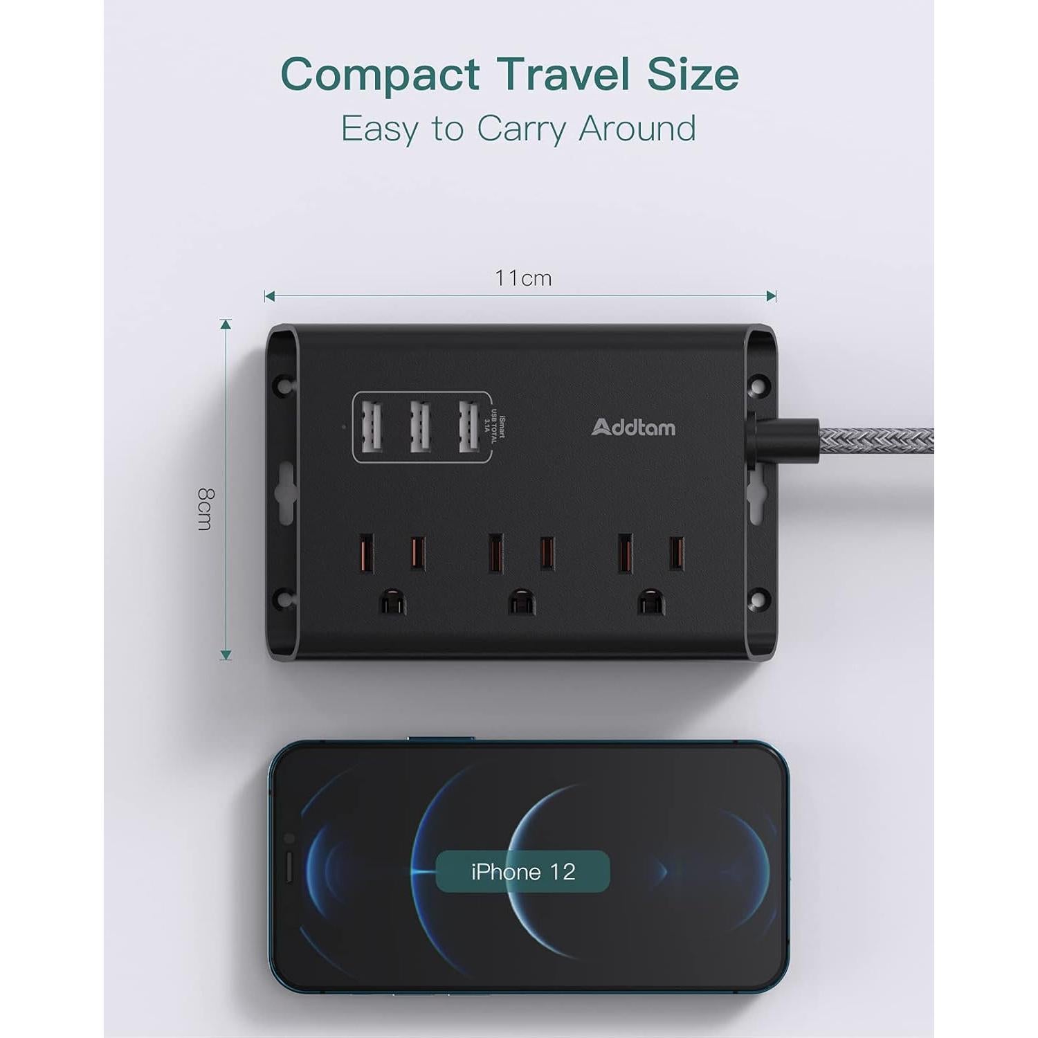 Regleta de Poder Addtam 3 Enchufes y 3 USB 1.52m Negro