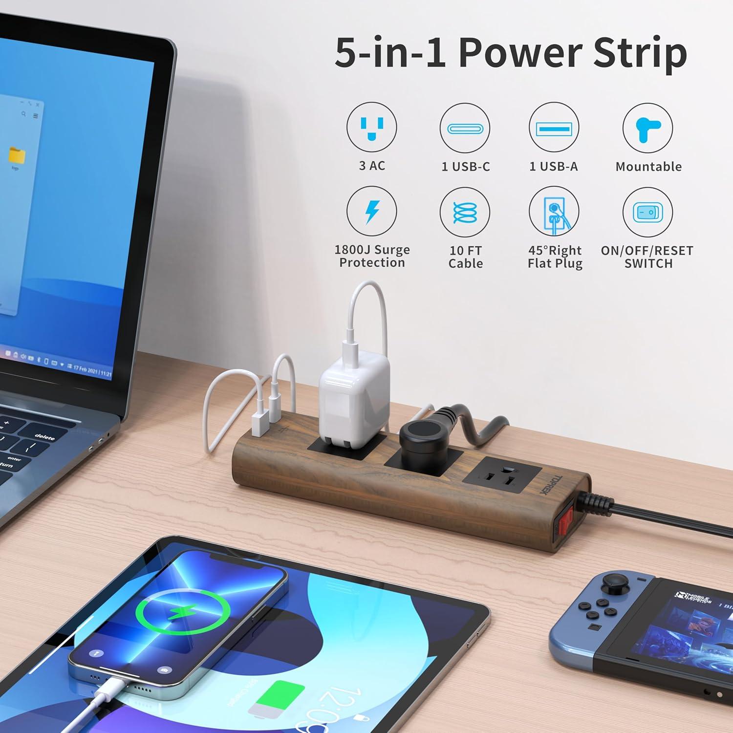 Regleta de Alimentación TOPREK con USB-C y USB-A 10 pies