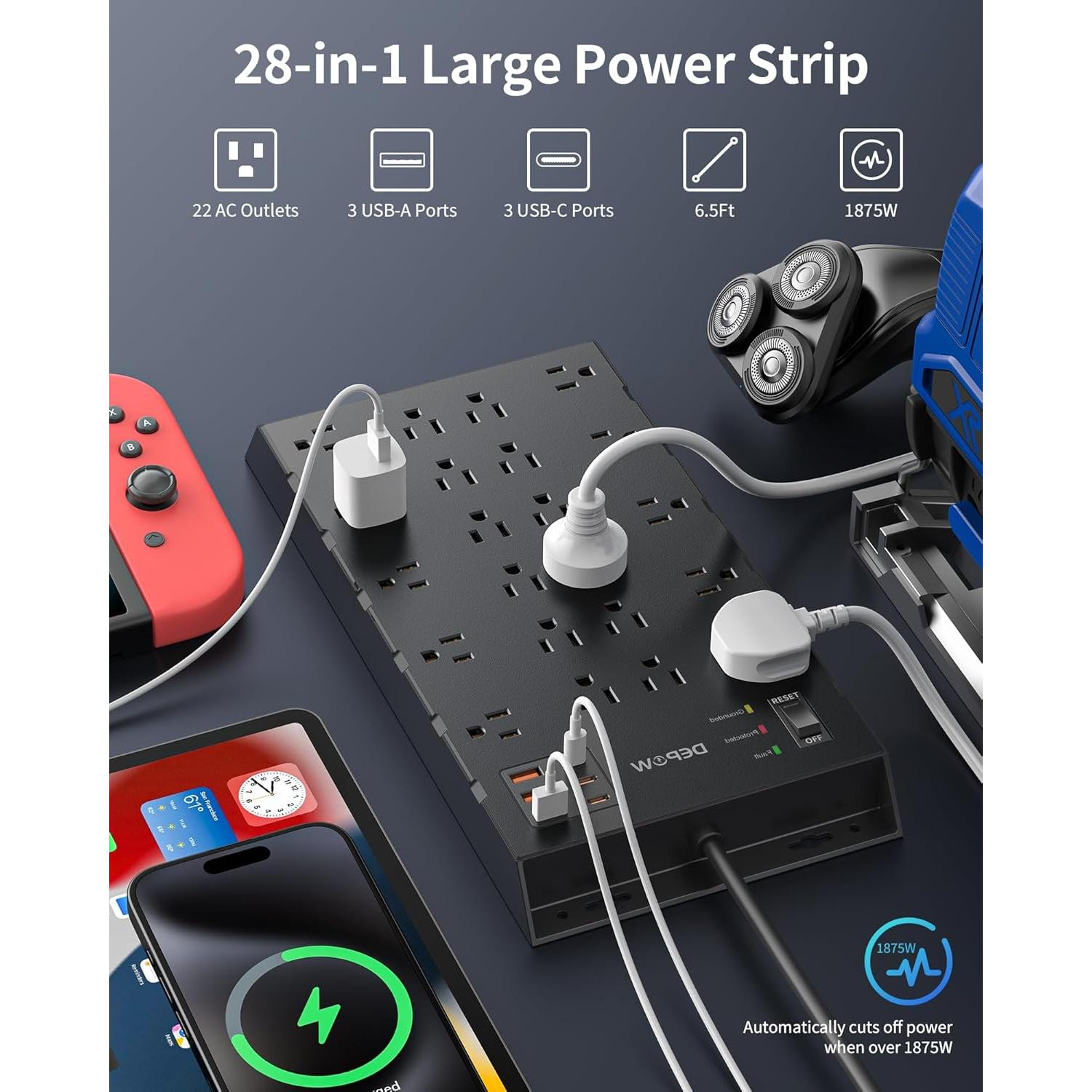 Regleta de Protección DEPOW 2.0M 22 Salidas CA 6 USB