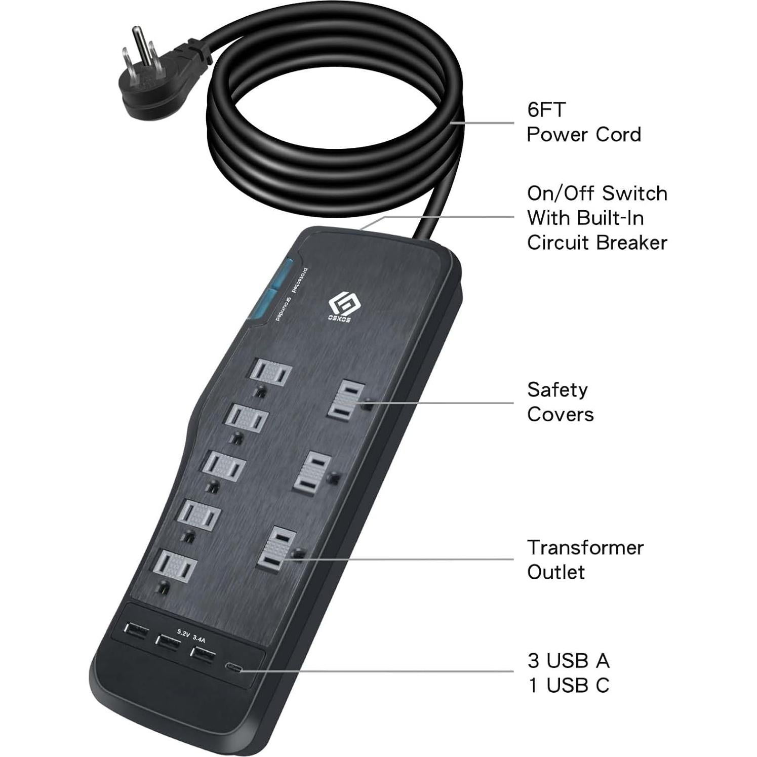 Regleta de Protección Oskos 8 Salidas 3 Puertos USB 3.4A 1.83m