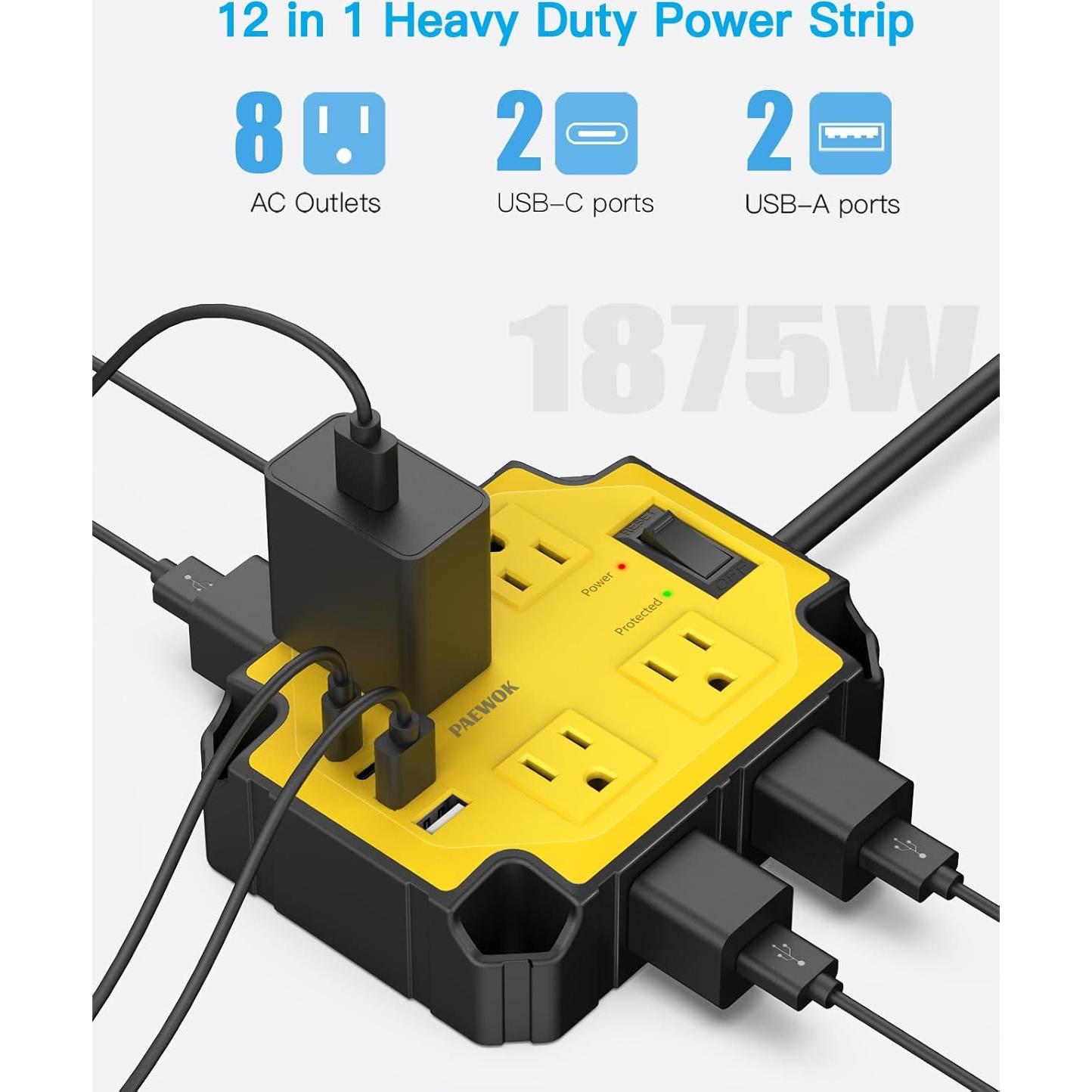 Regleta de Potencia PAEWOK 8 Salidas 4 USB Magnética 15A