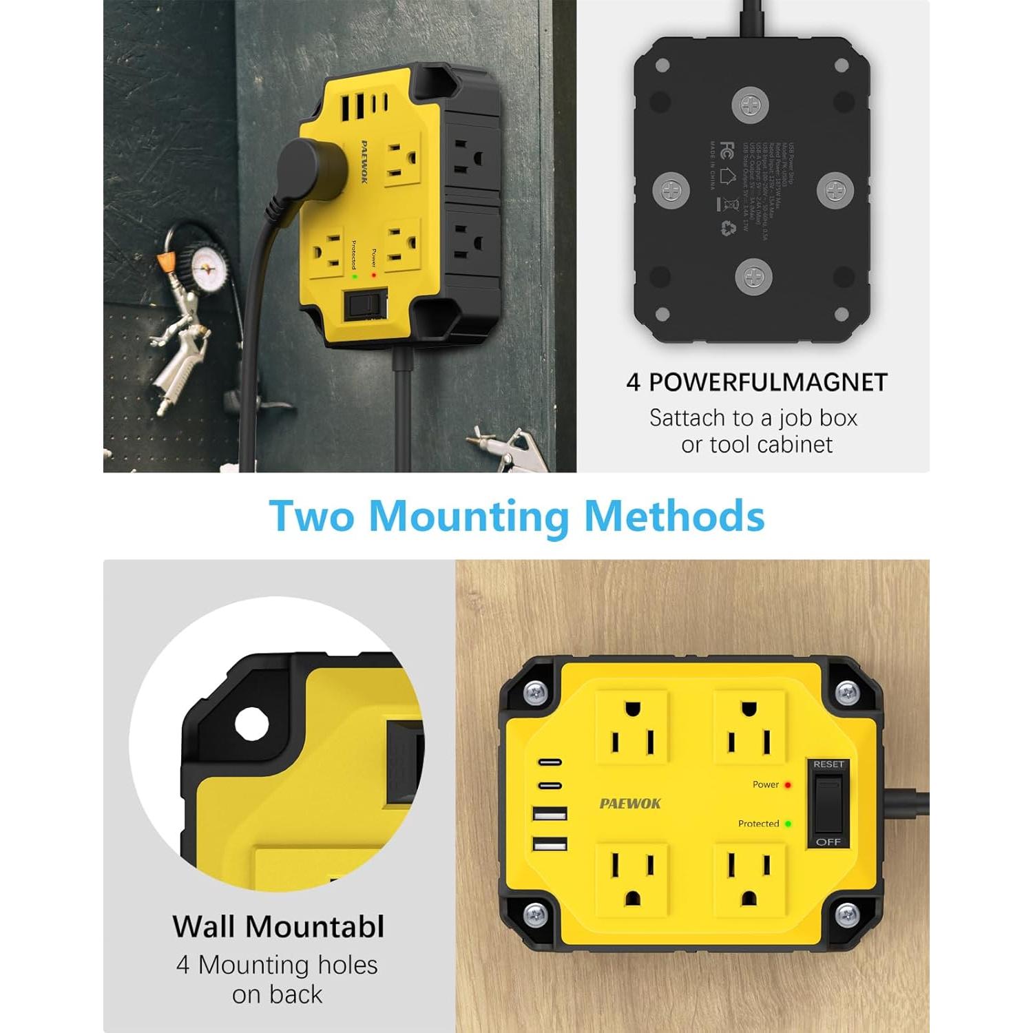 Regleta de Potencia PAEWOK 8 Salidas 4 USB Magnética 15A