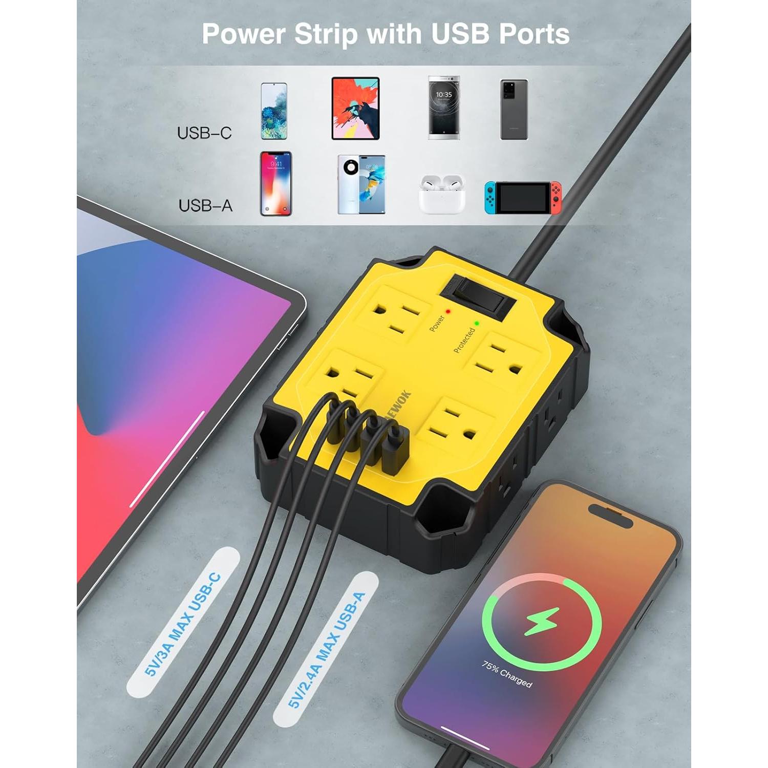 Regleta de Potencia PAEWOK 8 Salidas 4 USB Magnética 15A