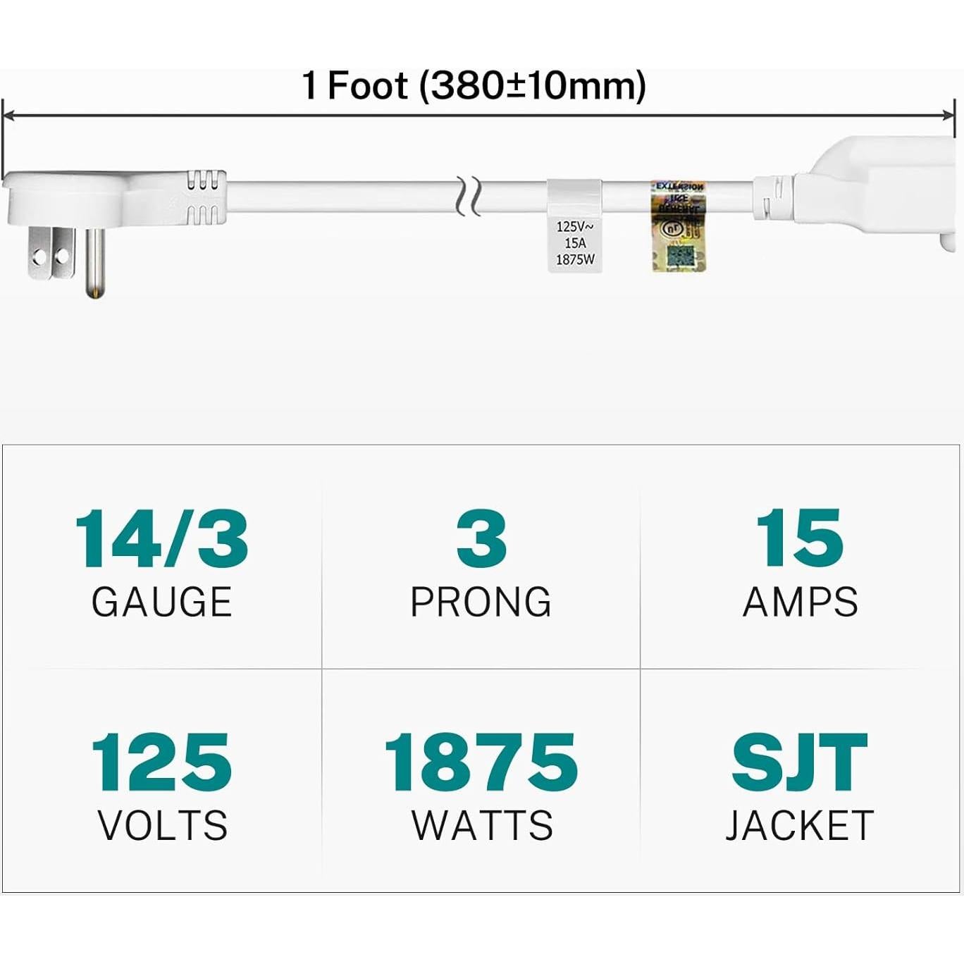 Cable de Extensión Plano 1 Pie 15A 1875W Firmerst Blanco (3 Paquetes)