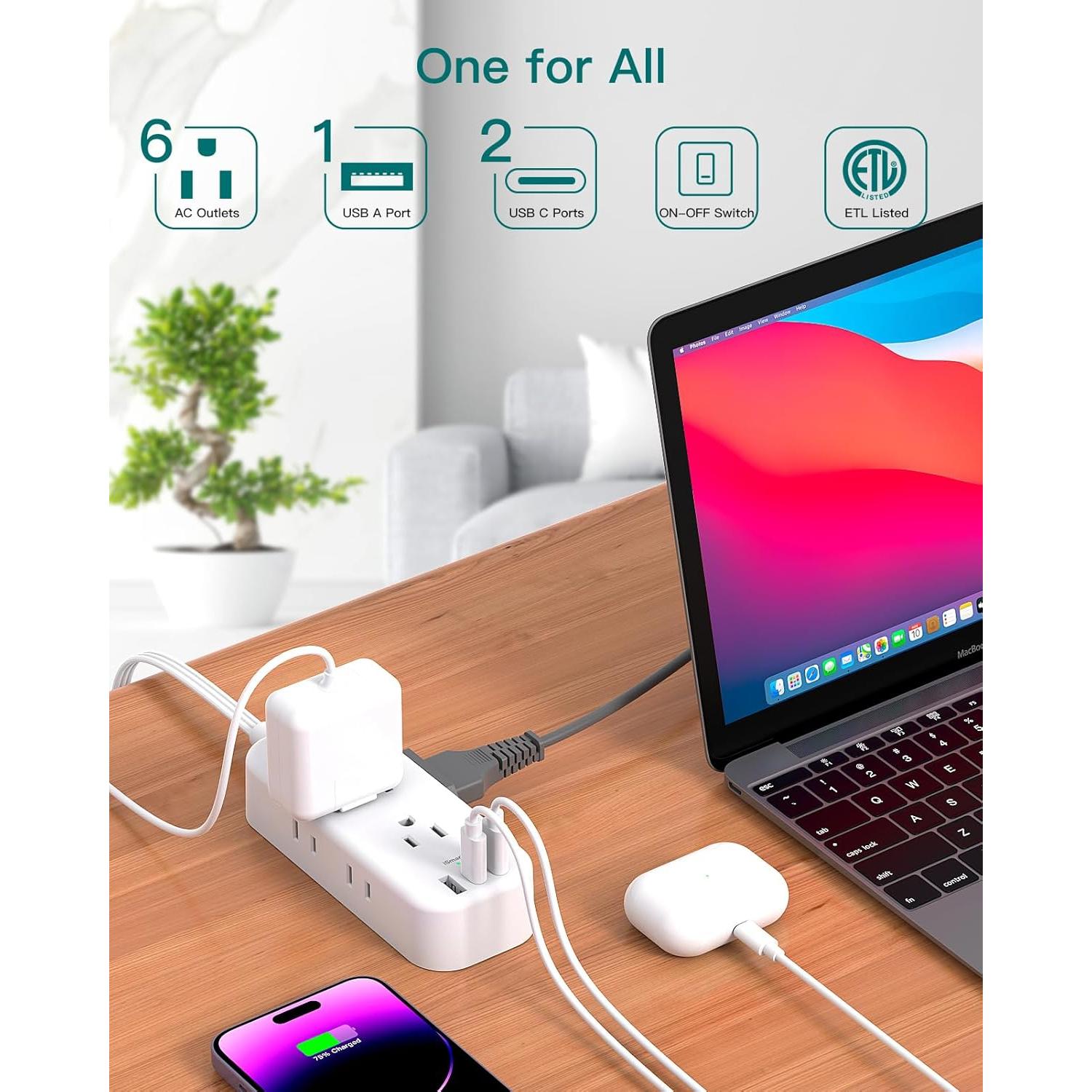 Regleta de Enchufes 15 pies Addtam con 6 Salidas y 3 USB