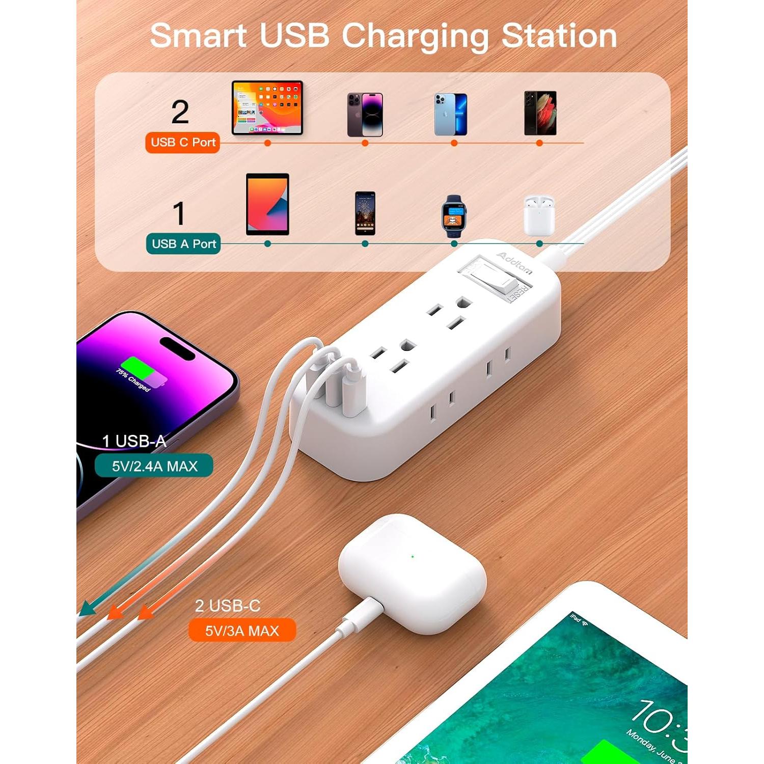 Regleta de Enchufes 15 pies Addtam con 6 Salidas y 3 USB