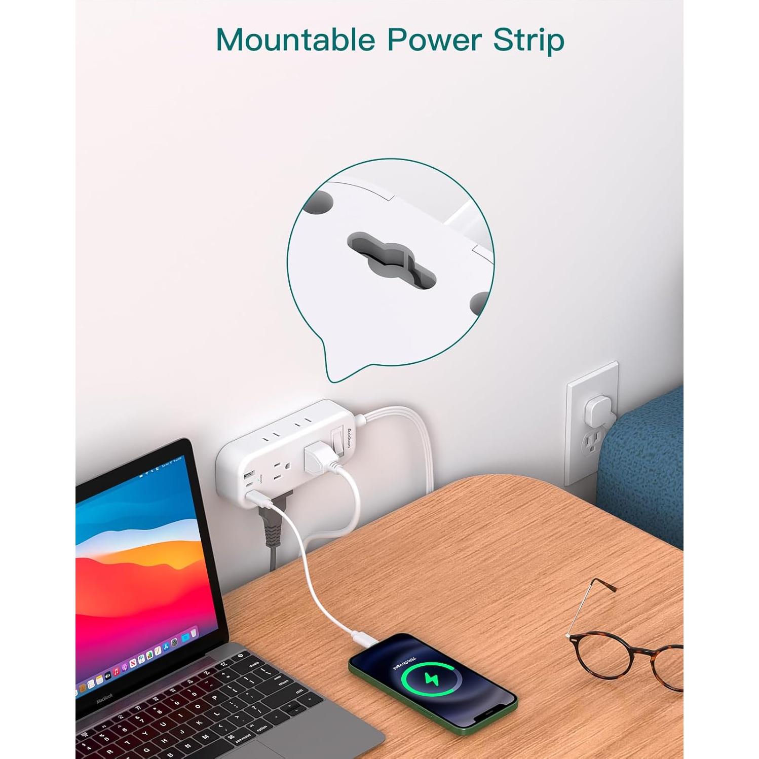 Regleta de Enchufes 15 pies Addtam con 6 Salidas y 3 USB