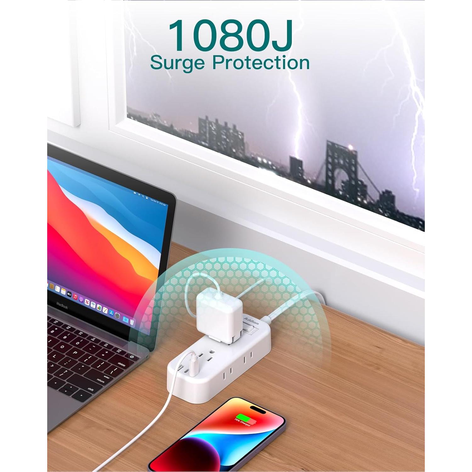 Regleta de Enchufes 15 pies Addtam con 6 Salidas y 3 USB