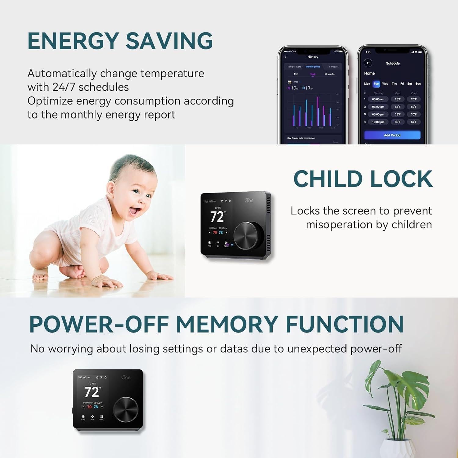 Termostato WiFi Inteligente Vine ST300, Pantalla Táctil 8.89cm