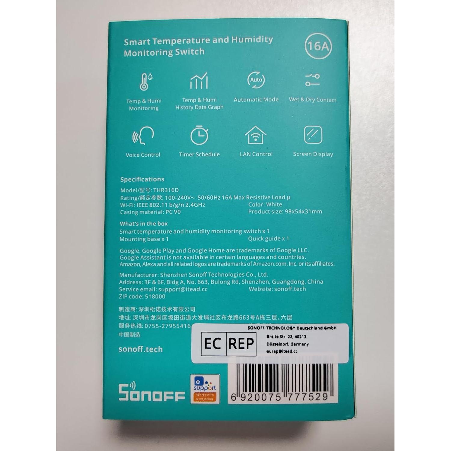 Interruptor Inteligente SONOFF THR316D 16A con Monitoreo LCD