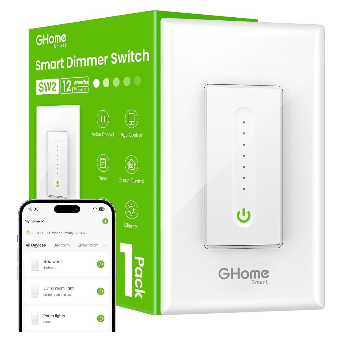 Interruptor Regulador Inteligente GHome SW2-1 Wi-Fi 2.4GHz