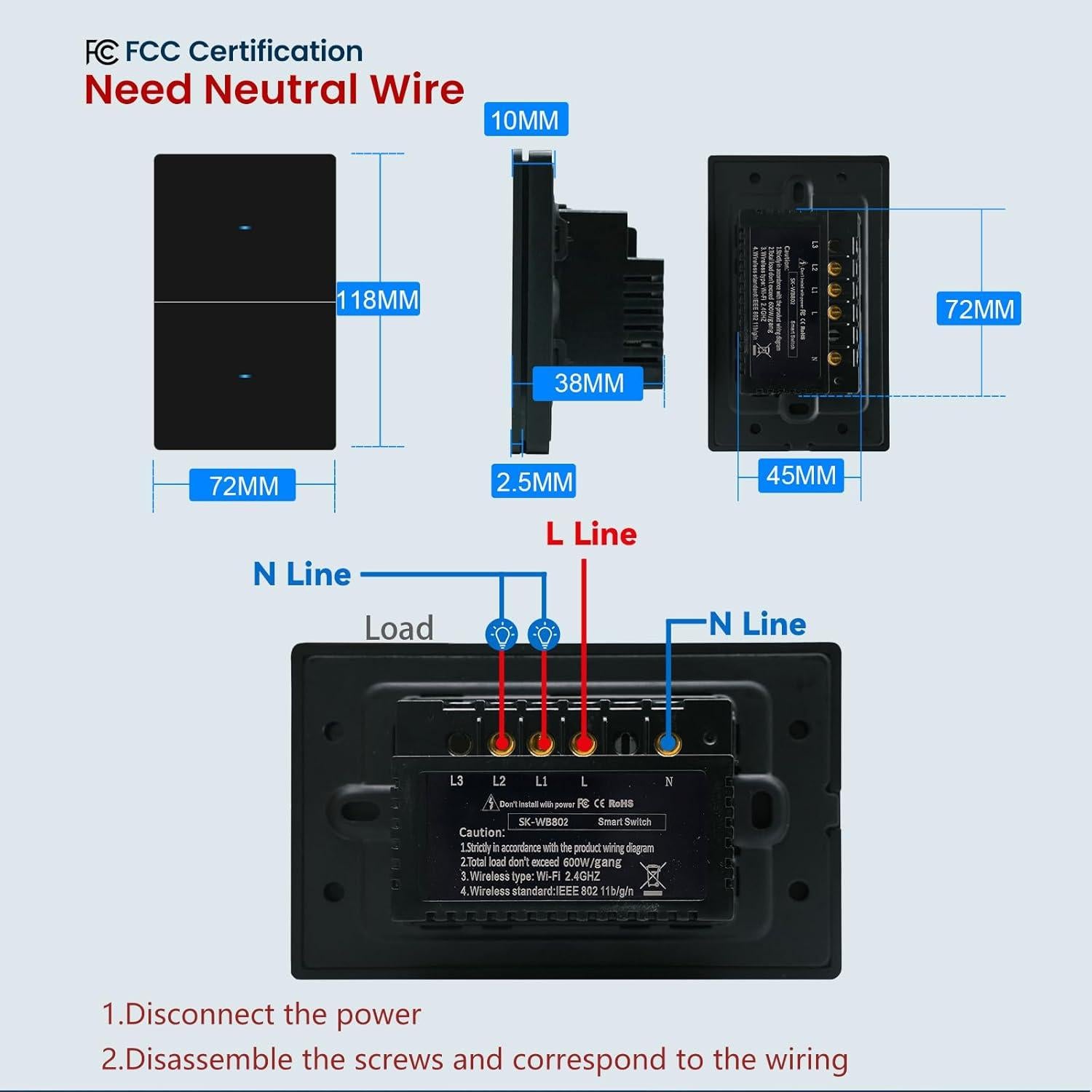 Interruptor de Luz Inteligente WiFi YUEQING 2 Gang Negro