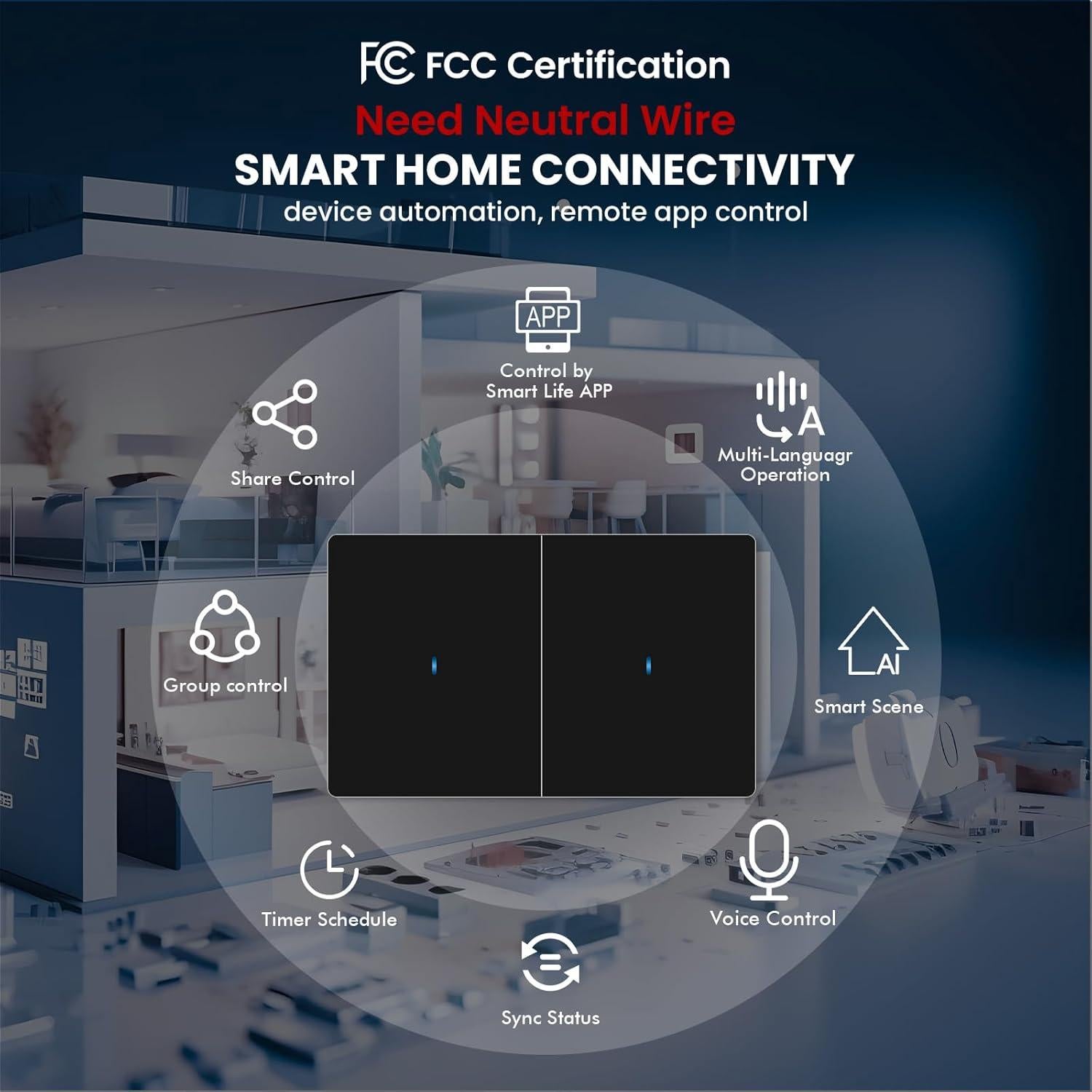 Interruptor de Luz Inteligente WiFi YUEQING 2 Gang Negro