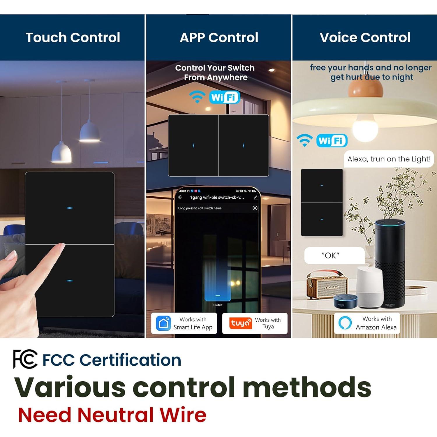 Interruptor de Luz Inteligente WiFi YUEQING 2 Gang Negro