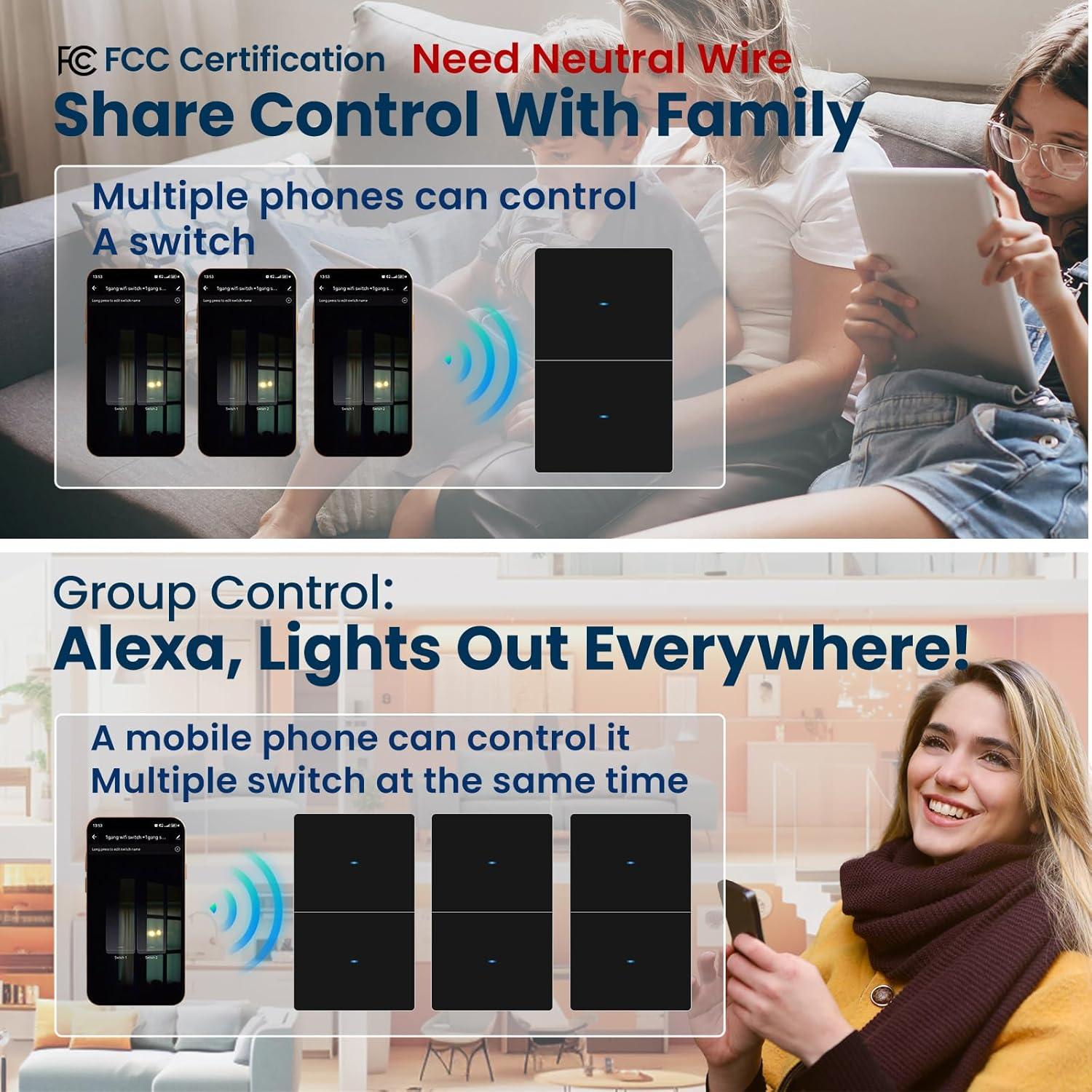 Interruptor de Luz Inteligente WiFi YUEQING 2 Gang Negro