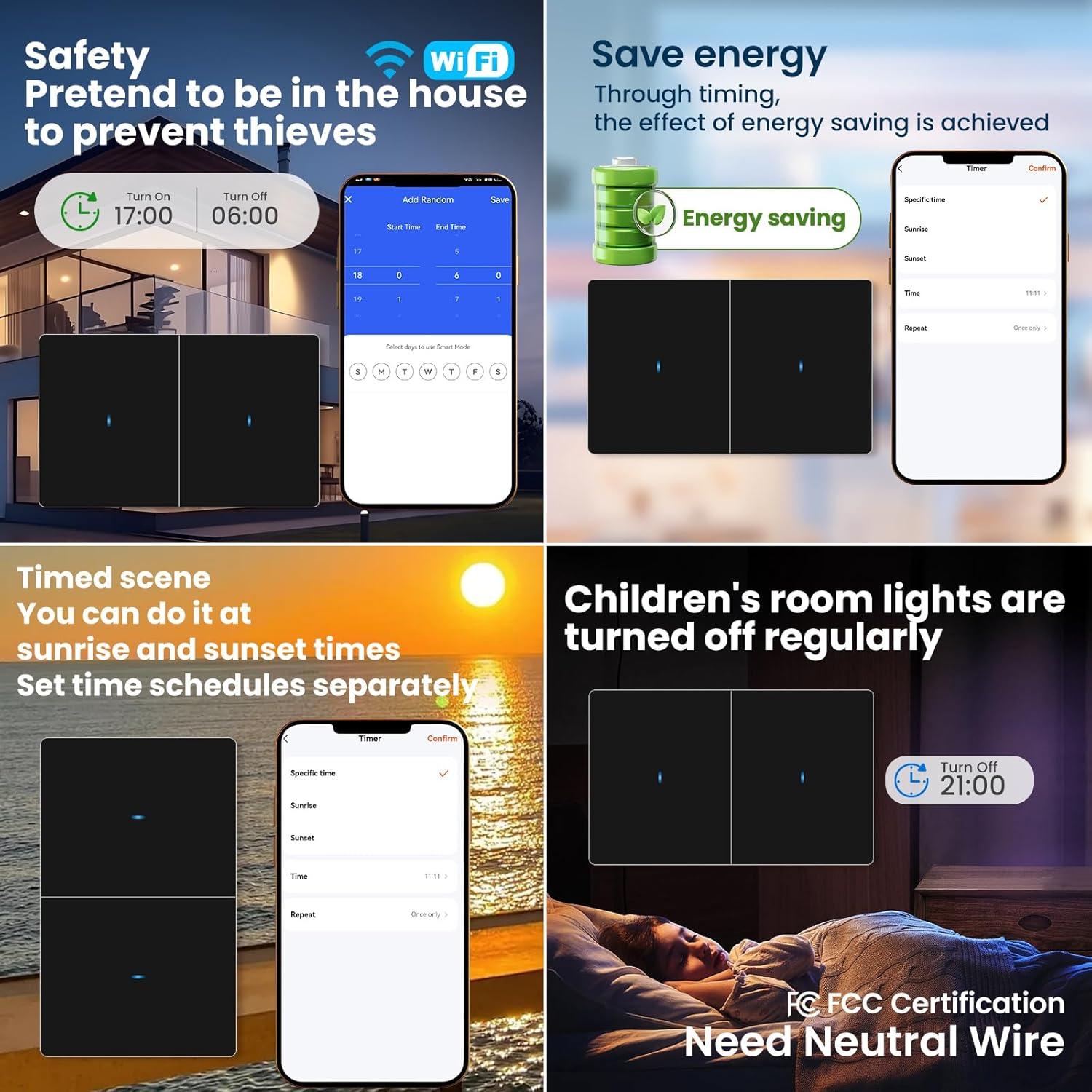 Interruptor de Luz Inteligente WiFi YUEQING 2 Gang Negro