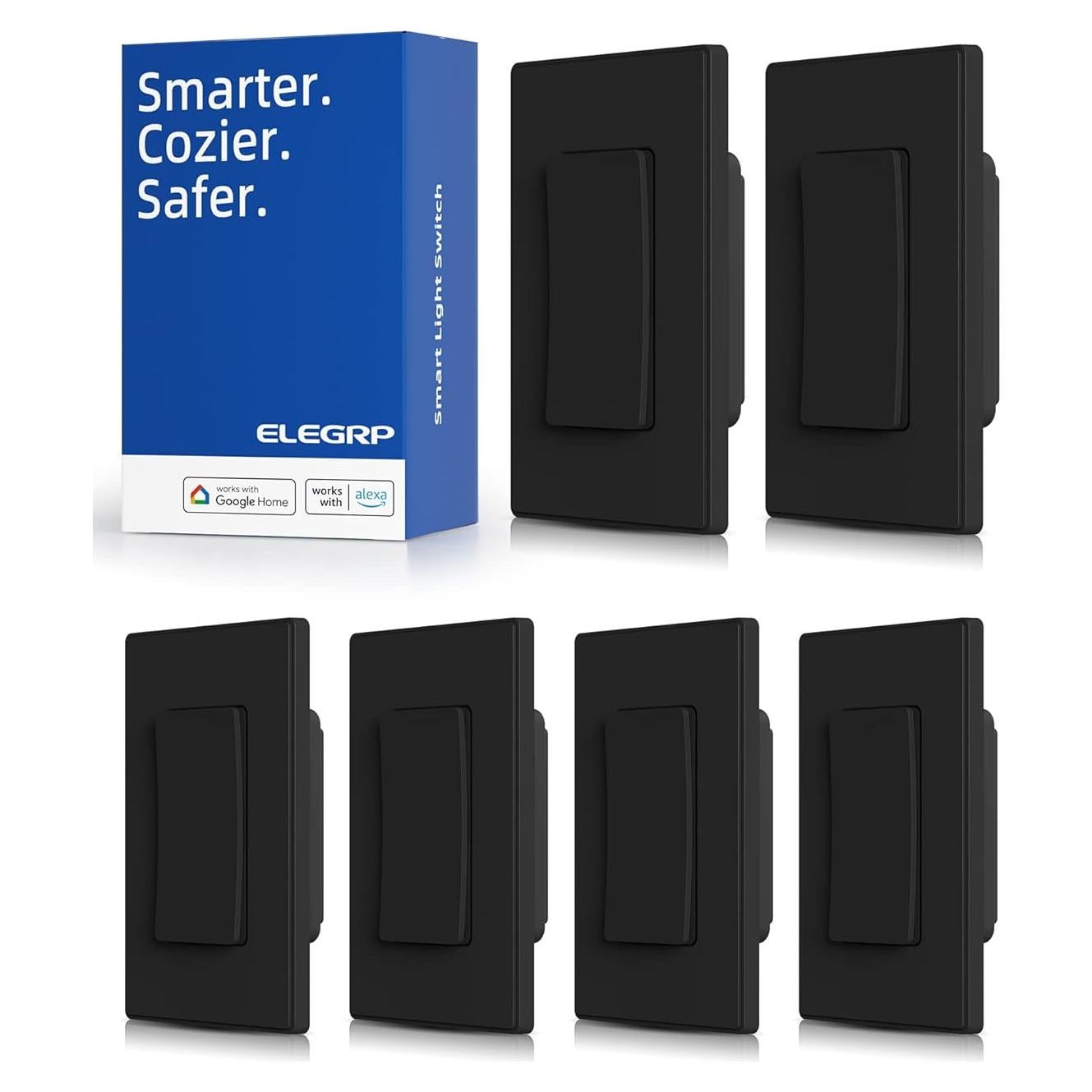 Interruptor de Luz Inteligente ELEGRP Wi-Fi 2.4GHz Negro - 6 Unidades