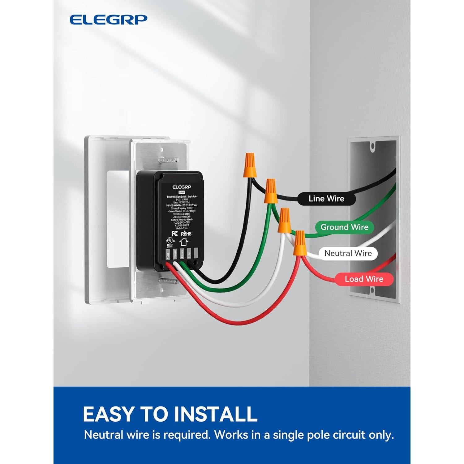 Interruptor de Luz Inteligente ELEGRP SPN10 Wi-Fi 2.4GHz Blanco