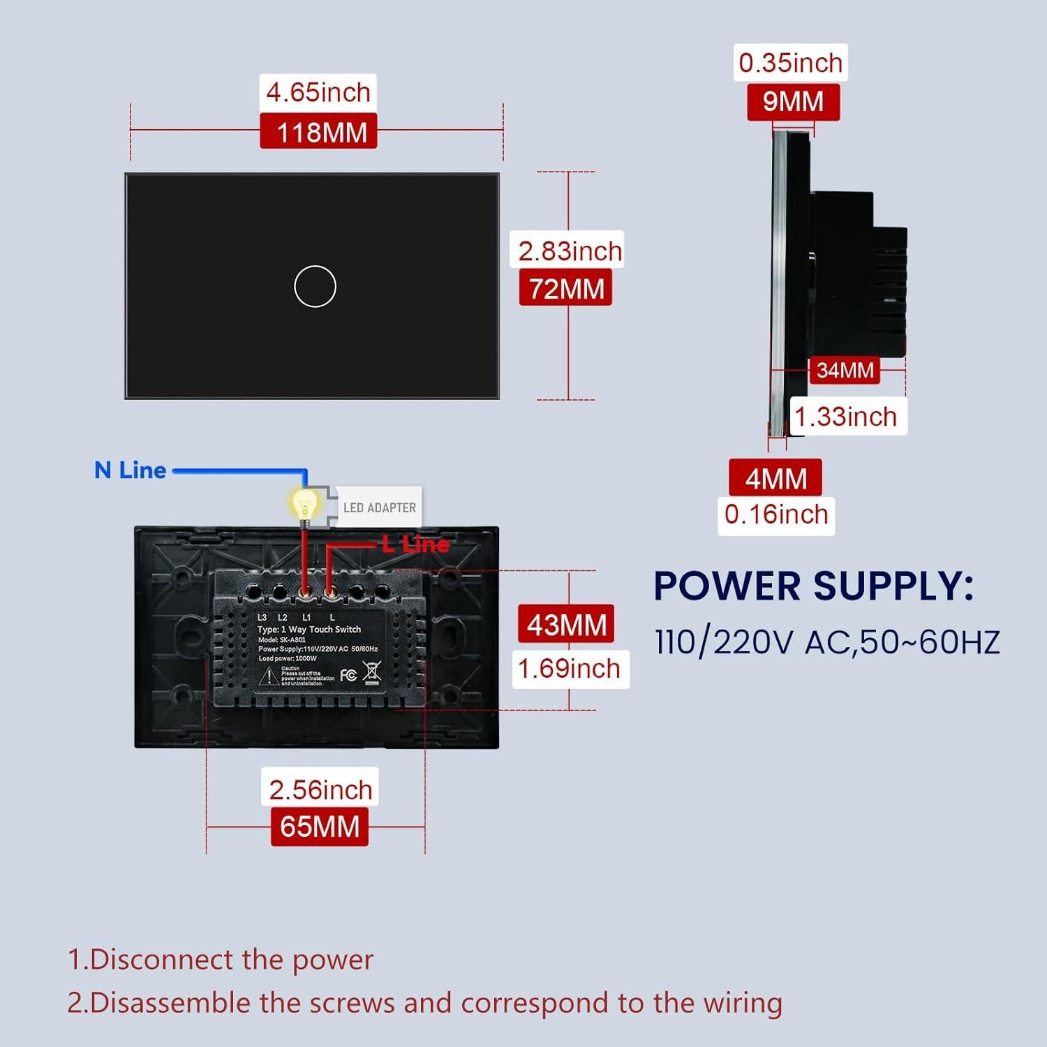 Interruptor de Luz Táctil YUEQING Sin Cable Neutro 1000W Negro