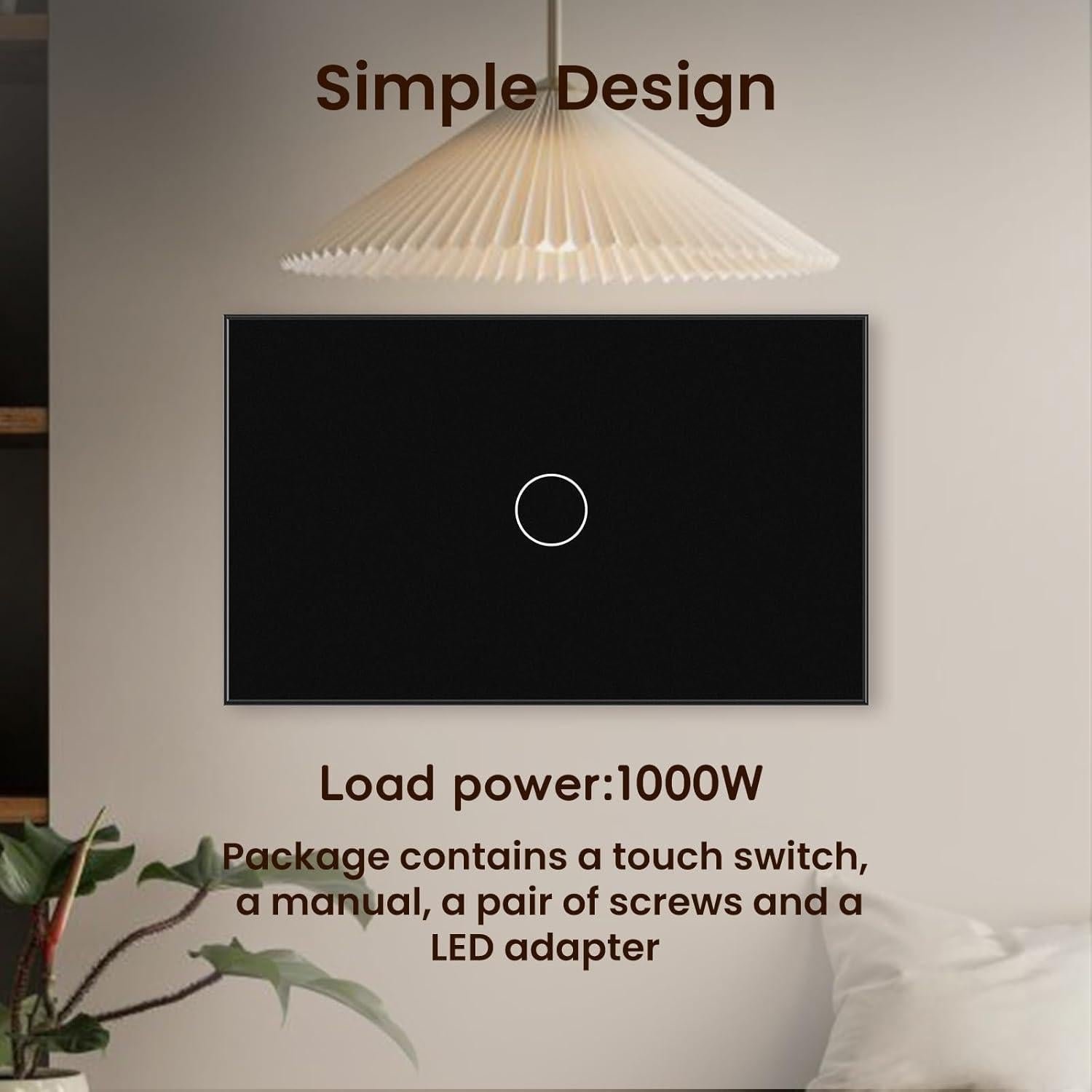 Interruptor de Luz Táctil YUEQING Sin Cable Neutro 1000W Negro