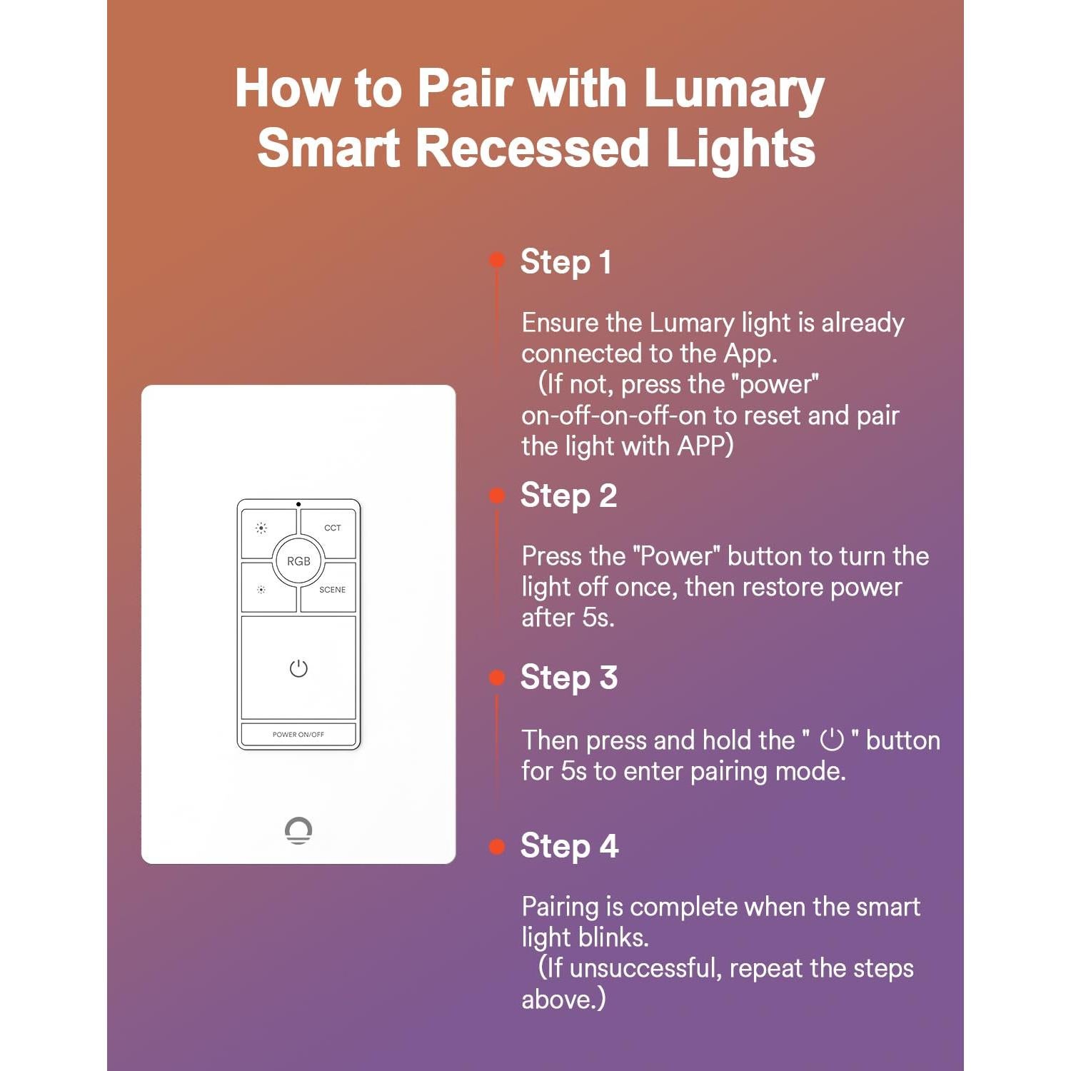 Lumary 3 Way/Single Pole Dimmer Light Switch (Only Support Lumary Recessed Lighting), 120V 10A Wall Switch for Brightness/RGB/CCT/Scenes Adjustment, Neutral Wire Required