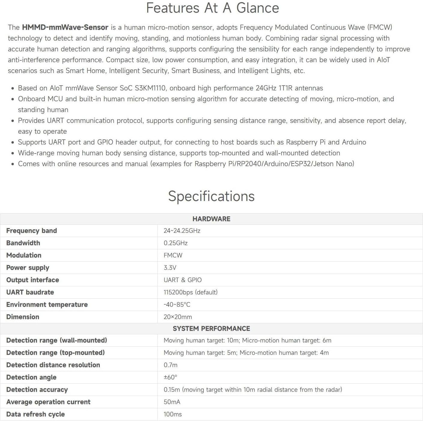 Sensor de Detección de Micro-Movimiento Waveshare HMMD-mmWave 24GHz