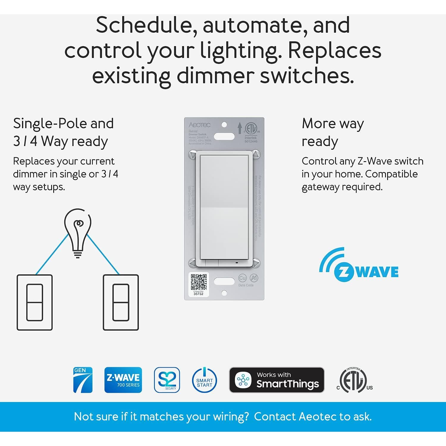 Interruptor Regulador de Luz Aeotec Z-Wave Plus 3 Vías 150W