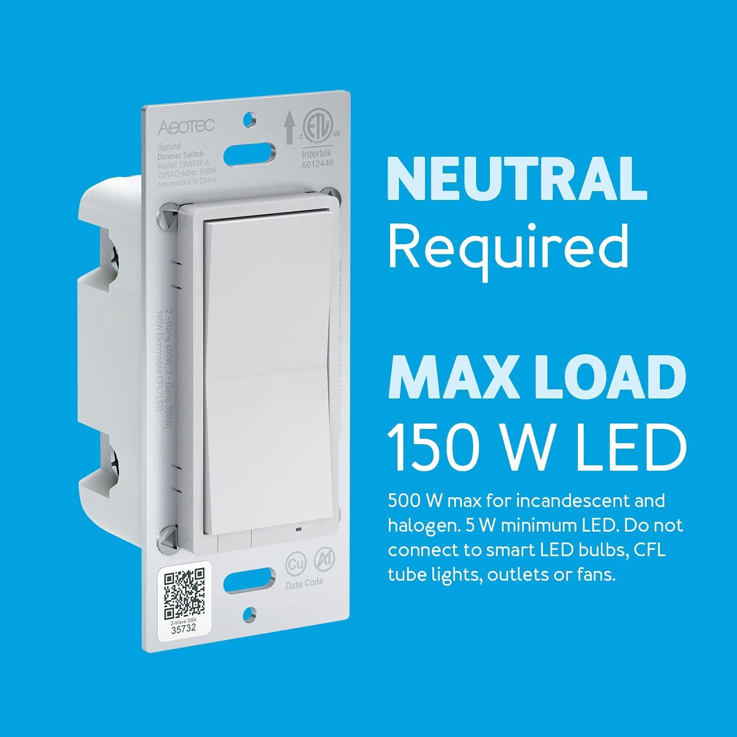 Interruptor Regulador de Luz Aeotec Z-Wave Plus 3 Vías 150W