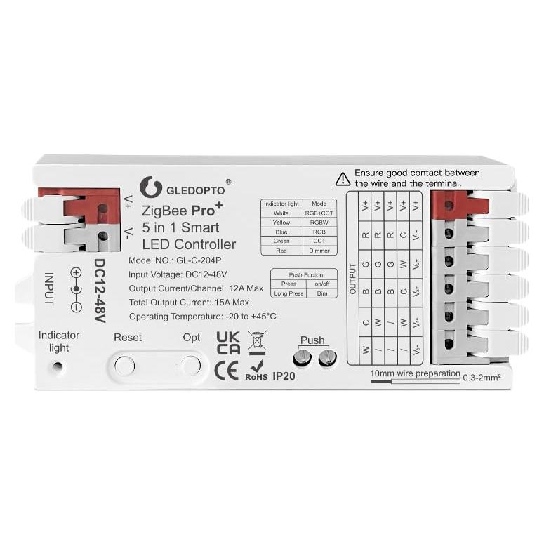 Controlador LED GLEDOPTO ZigBee Pro 5 en 1 DC 12-48V 15A