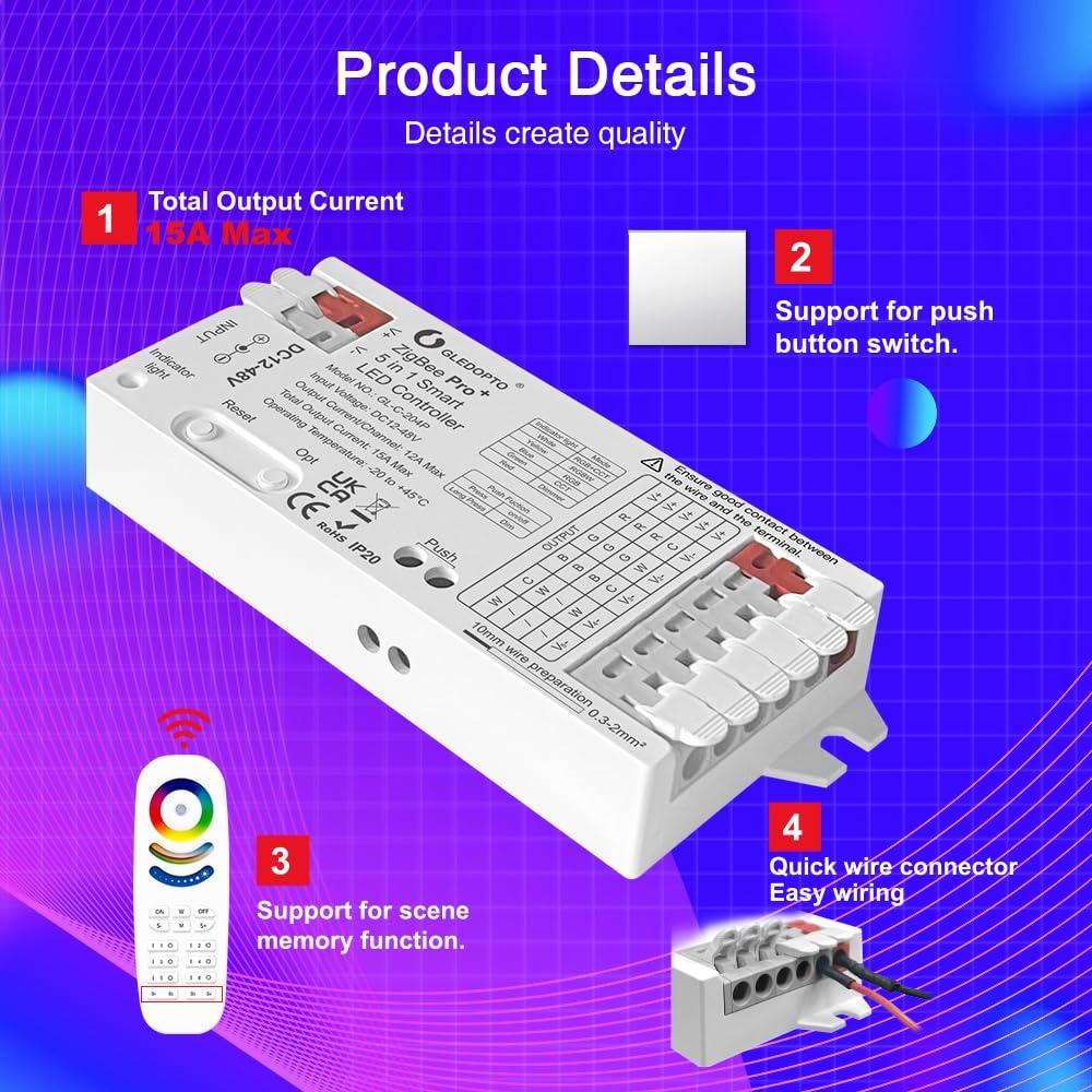 Controlador LED GLEDOPTO ZigBee Pro 5 en 1 DC 12-48V 15A
