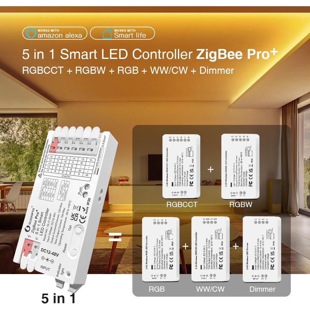 Controlador LED GLEDOPTO ZigBee Pro 5 en 1 DC 12-48V 15A