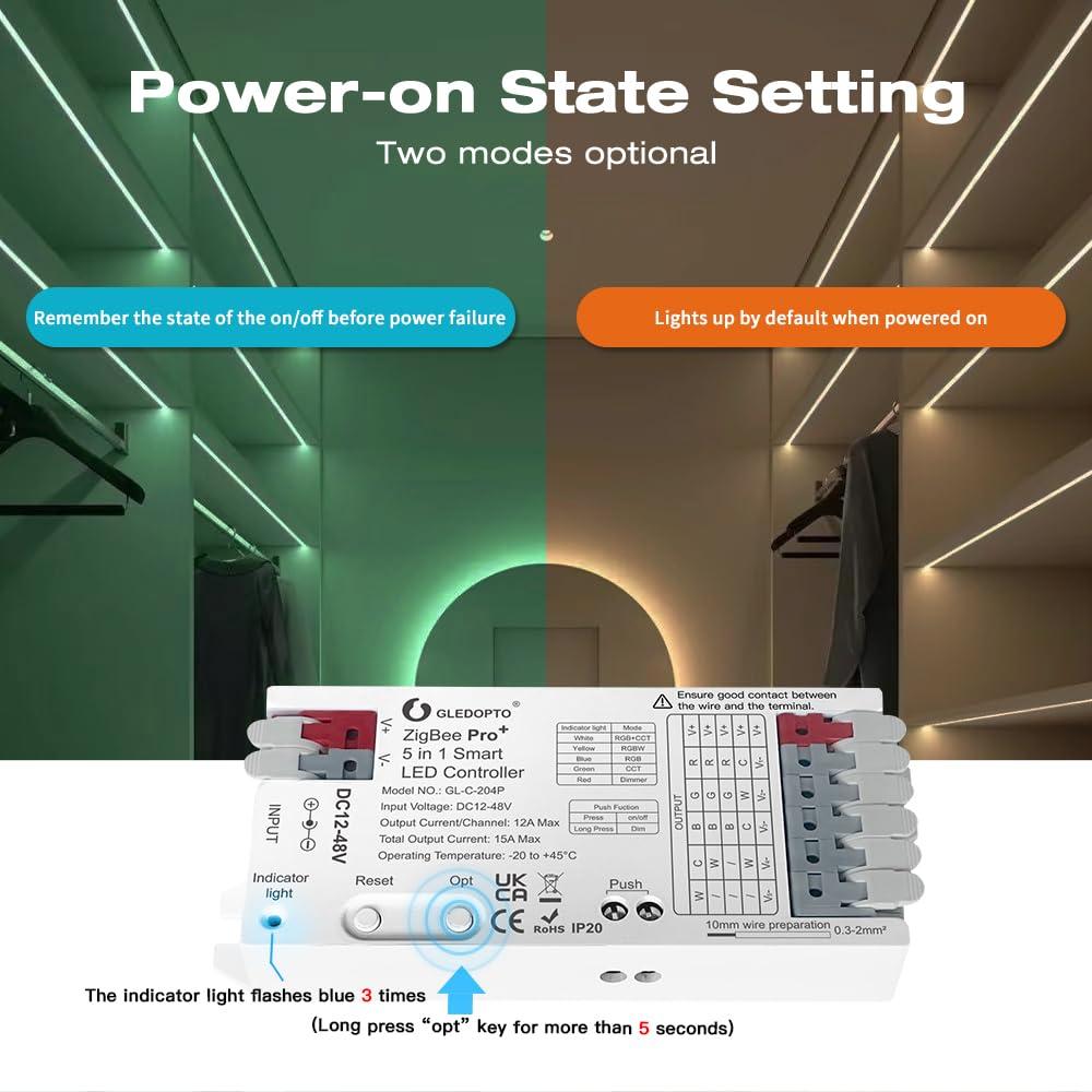 Controlador LED GLEDOPTO ZigBee Pro 5 en 1 DC 12-48V 15A