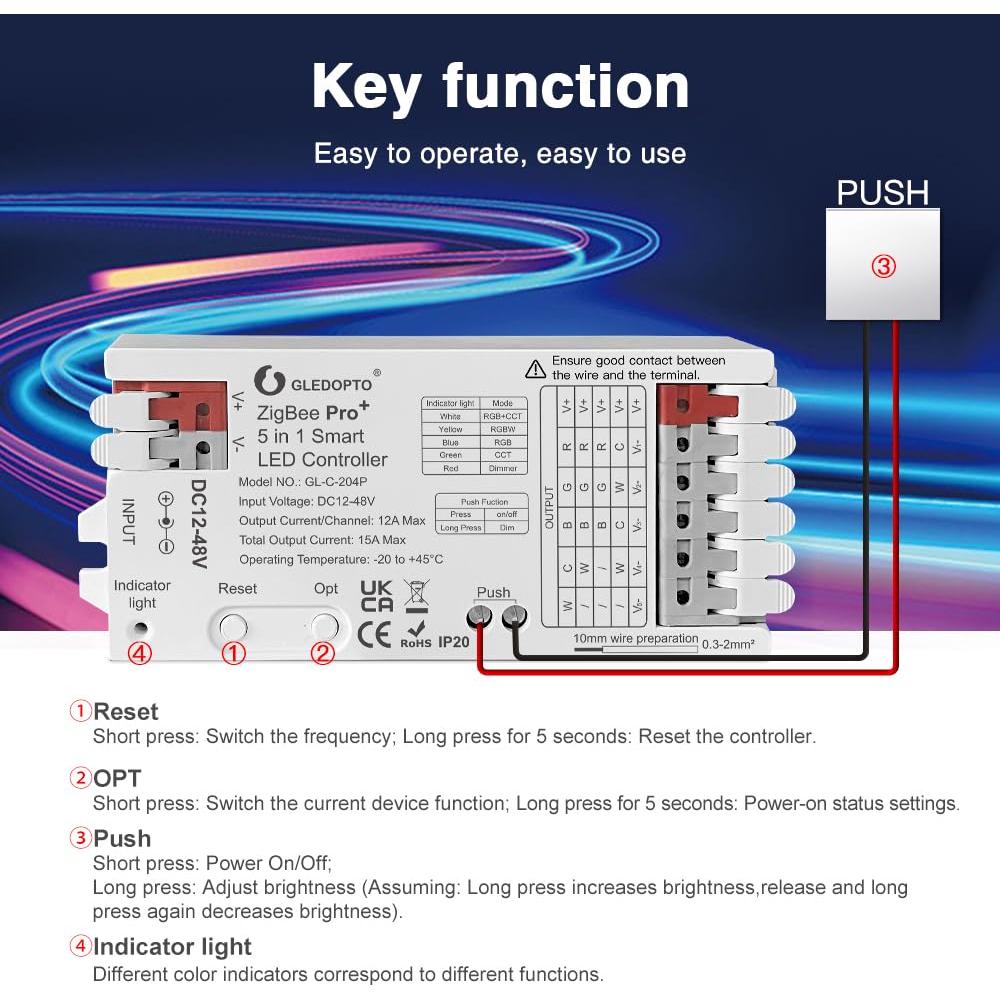 Controlador LED GLEDOPTO ZigBee Pro 5 en 1 DC 12-48V 15A