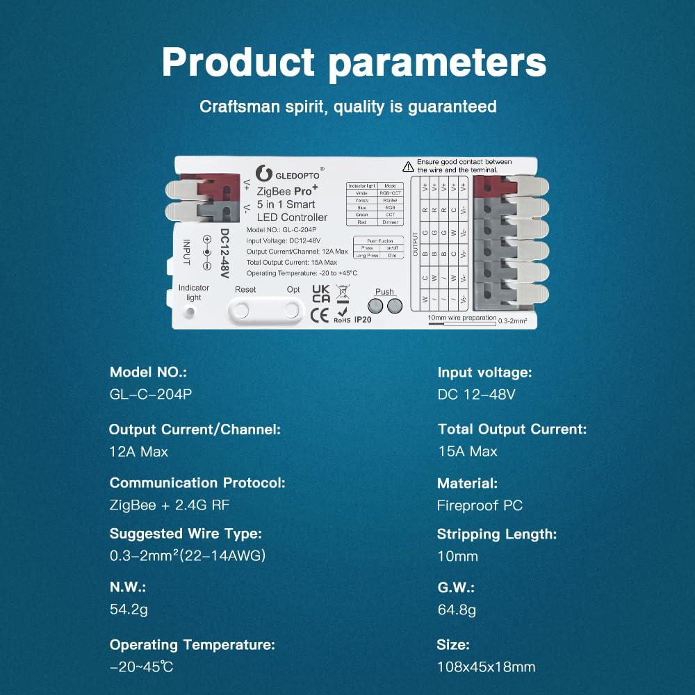 Controlador LED GLEDOPTO ZigBee Pro 5 en 1 DC 12-48V 15A