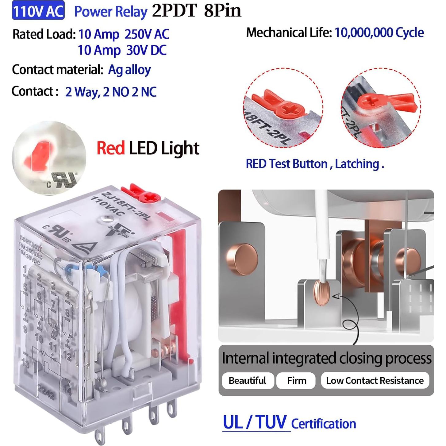 Relé Electromagnético 110V 10A 8 Pines DPDT con LED