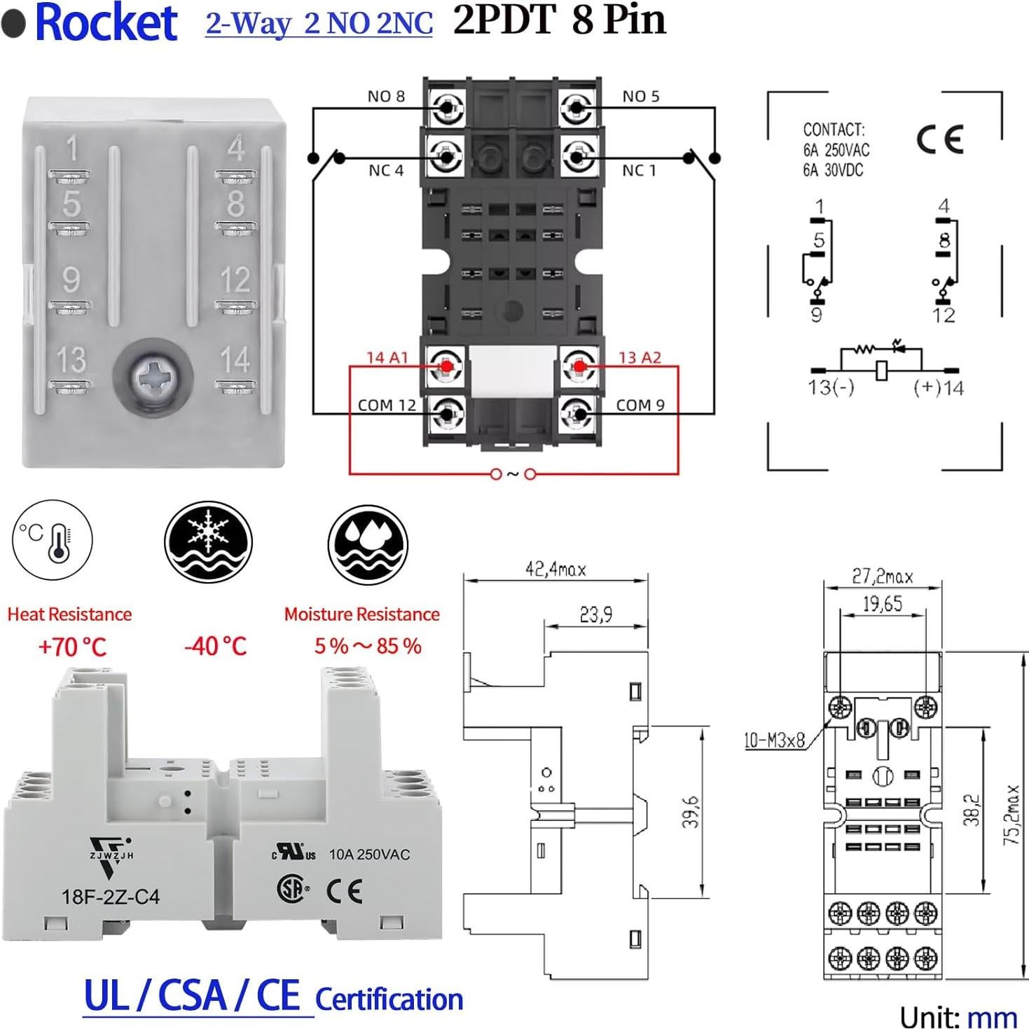 Relé Electromagnético 110V 10A 8 Pines DPDT con LED